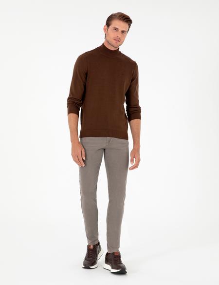 Koyu Kahverengi Slim Fit Yarım Balıkçı Yaka Basic Triko Kazak - 50296548054