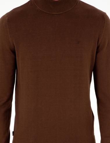 Koyu Kahverengi Slim Fit Yarım Balıkçı Yaka Basic Triko Kazak