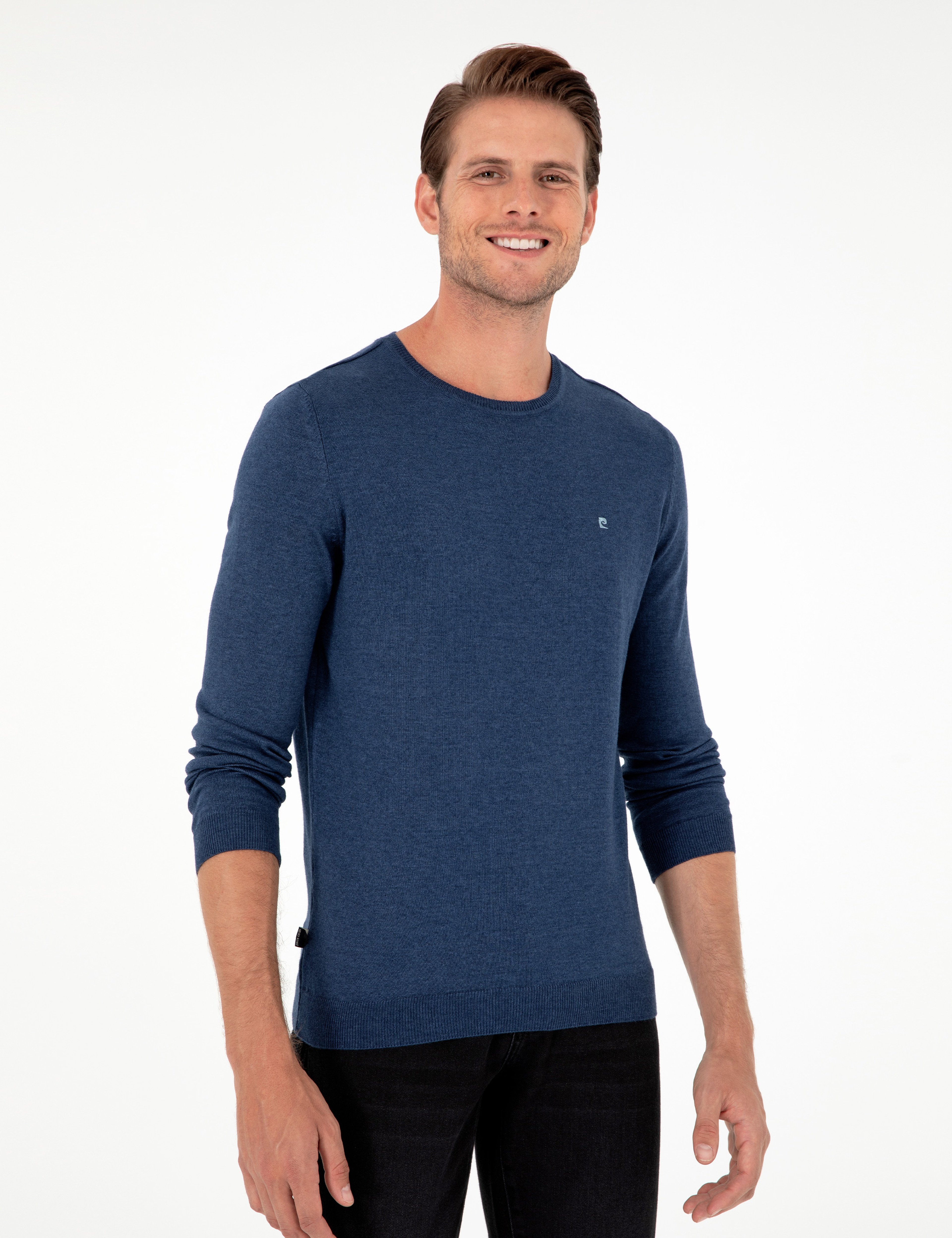 İndigo Melanj Slim Fit Bisiklet Yaka Basic Triko Kazak - Image 3