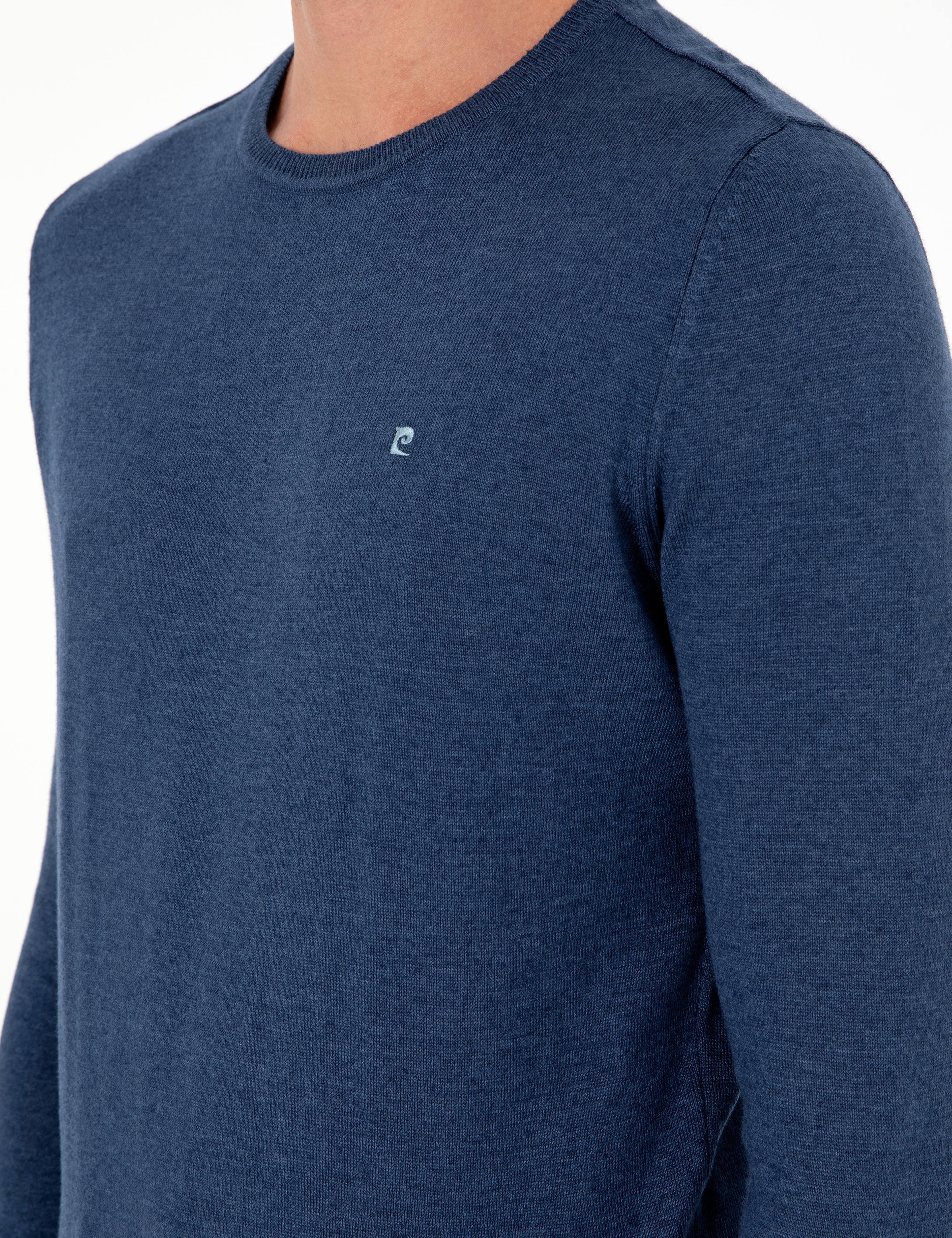 İndigo Melanj Slim Fit Bisiklet Yaka Basic Triko Kazak - Image 7