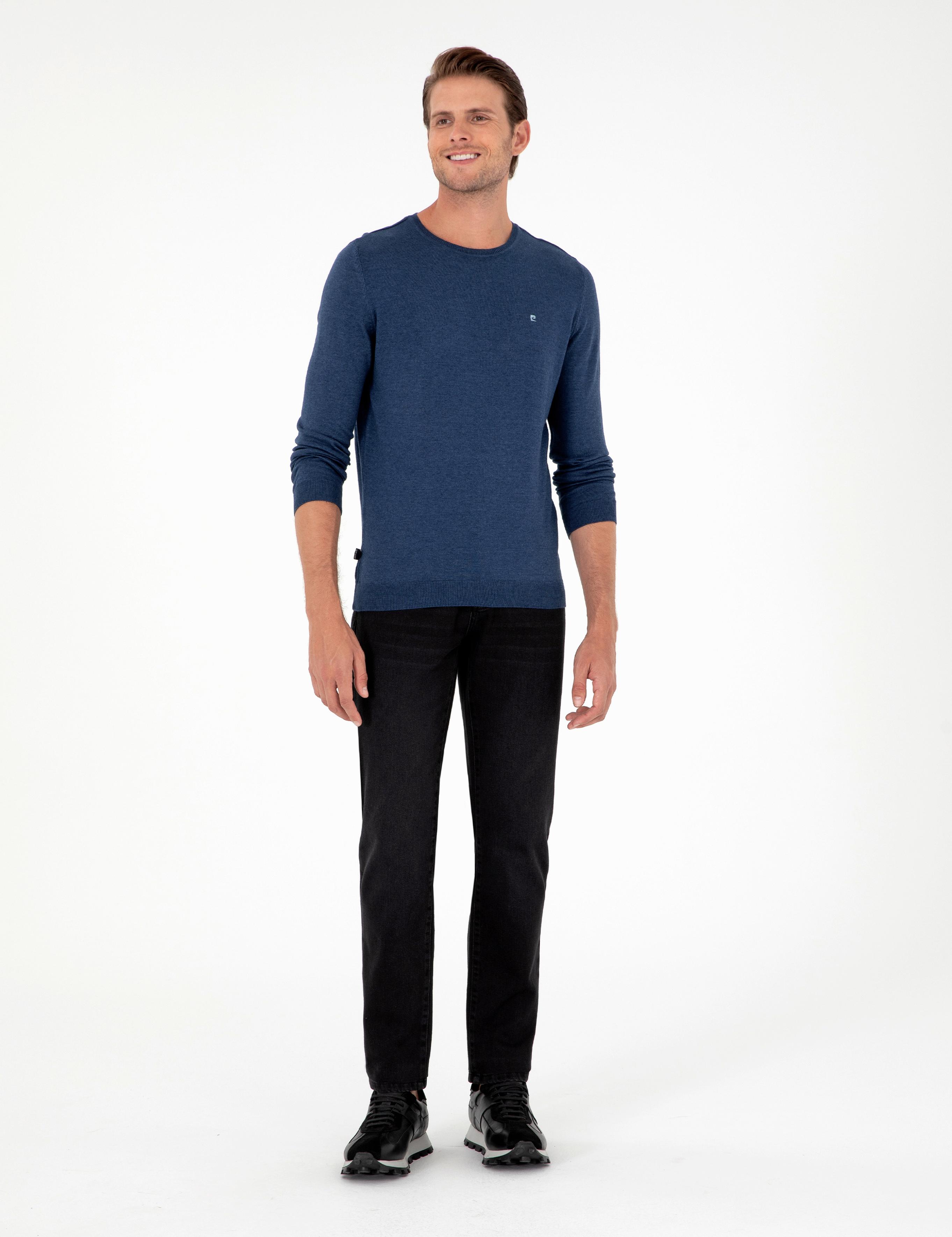 İndigo Melanj Slim Fit Bisiklet Yaka Basic Triko Kazak