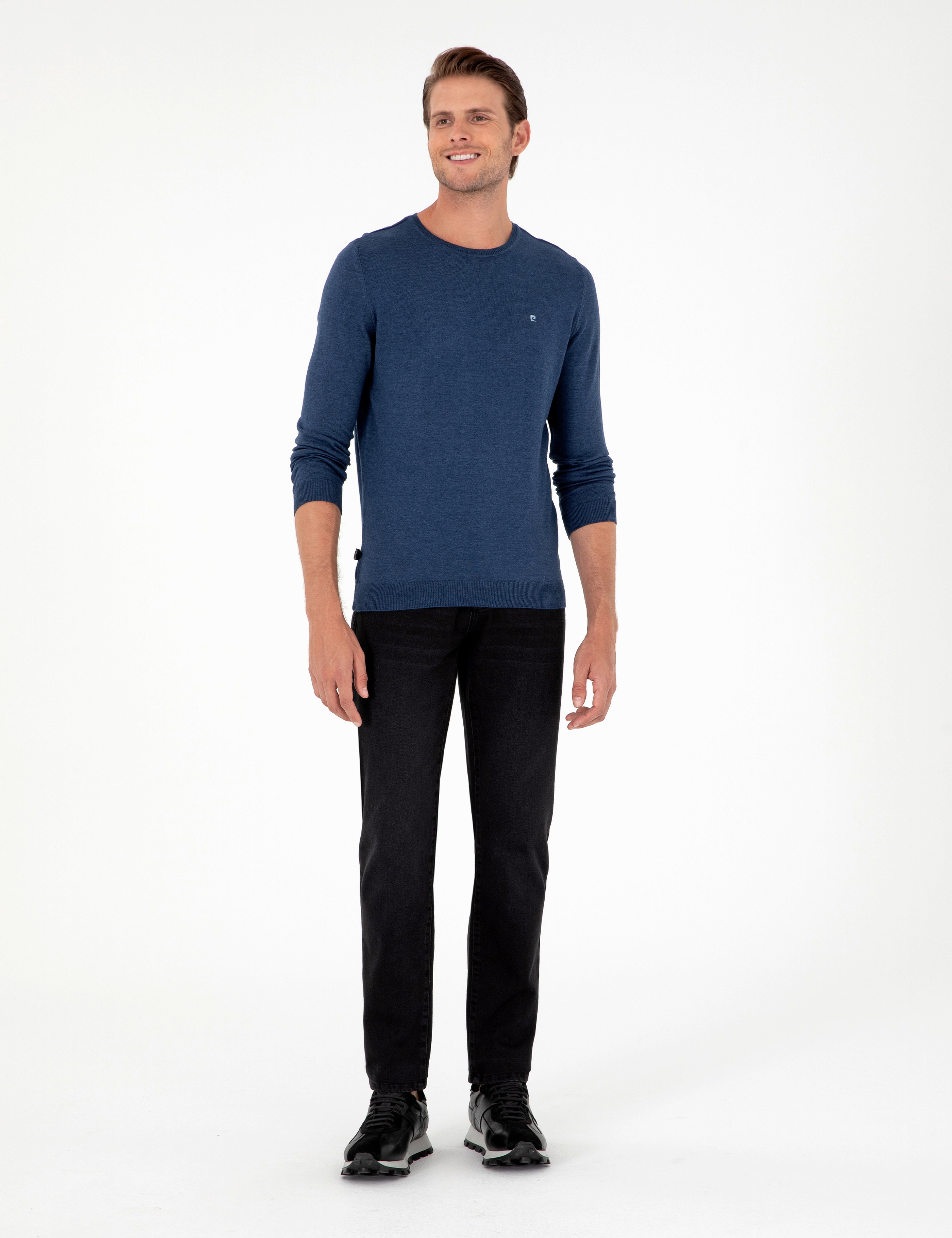 İndigo Melanj Slim Fit Bisiklet Yaka Basic Triko Kazak - Image 4