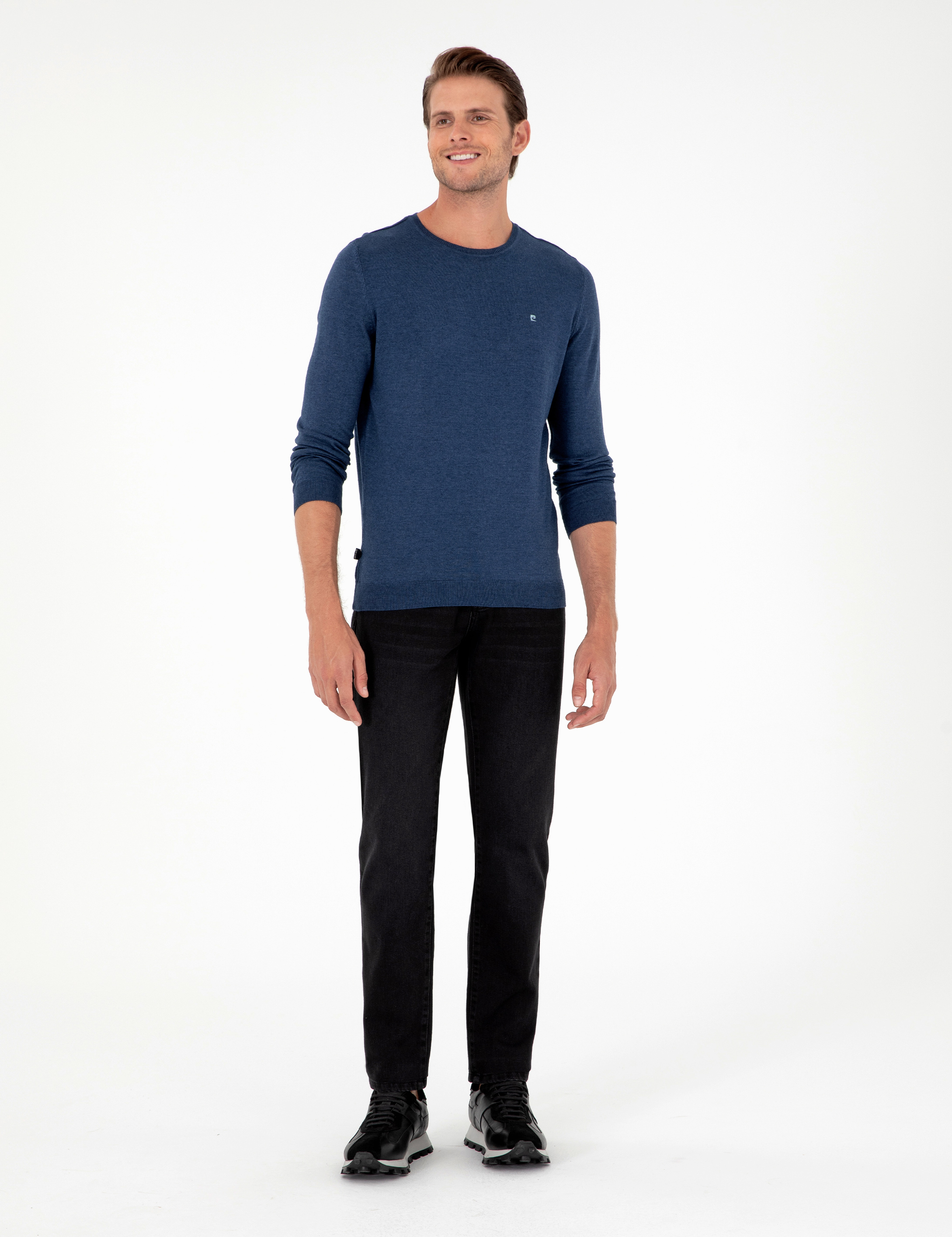 İndigo Melanj Slim Fit Bisiklet Yaka Basic Triko Kazak
