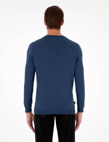 İndigo Melanj Slim Fit Bisiklet Yaka Basic Triko Kazak