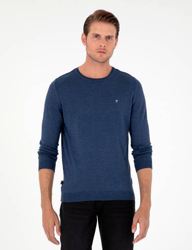 İndigo Melanj Slim Fit Bisiklet Yaka Basic Triko Kazak