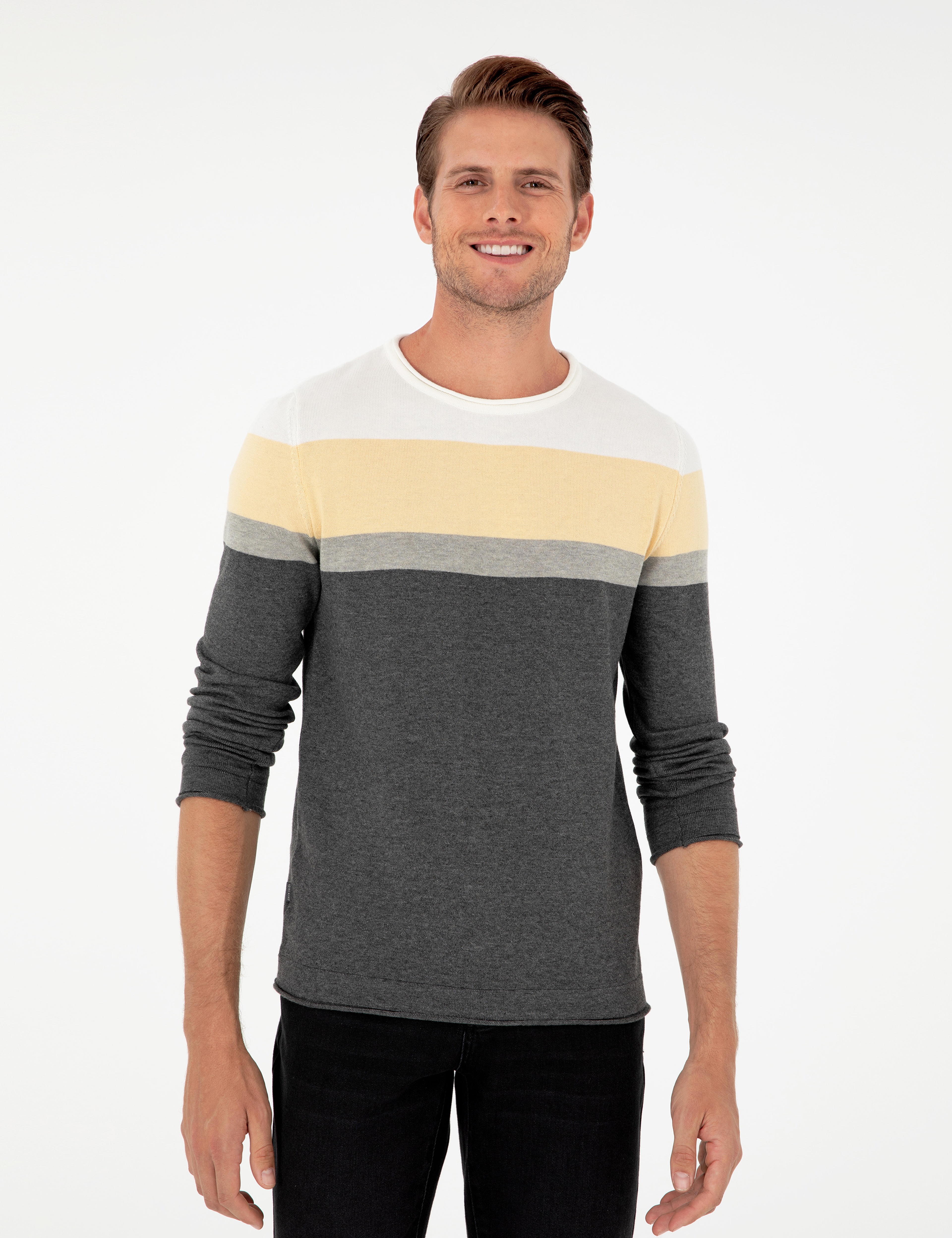 Açık Gri Melanj Slim Fit Bisiklet Yaka Triko Kazak - Image 3