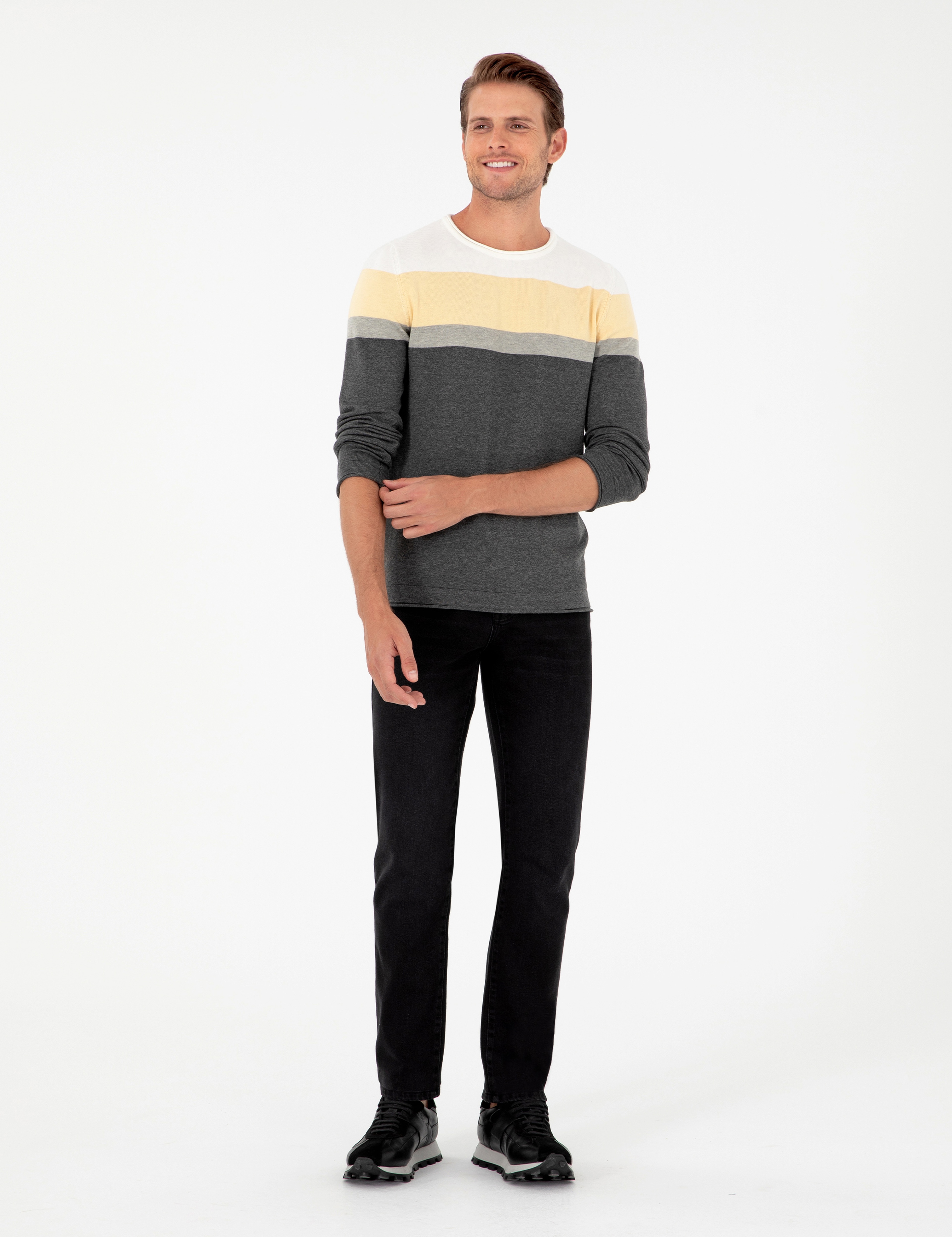 Açık Gri Melanj Slim Fit Bisiklet Yaka Triko Kazak - Image 4