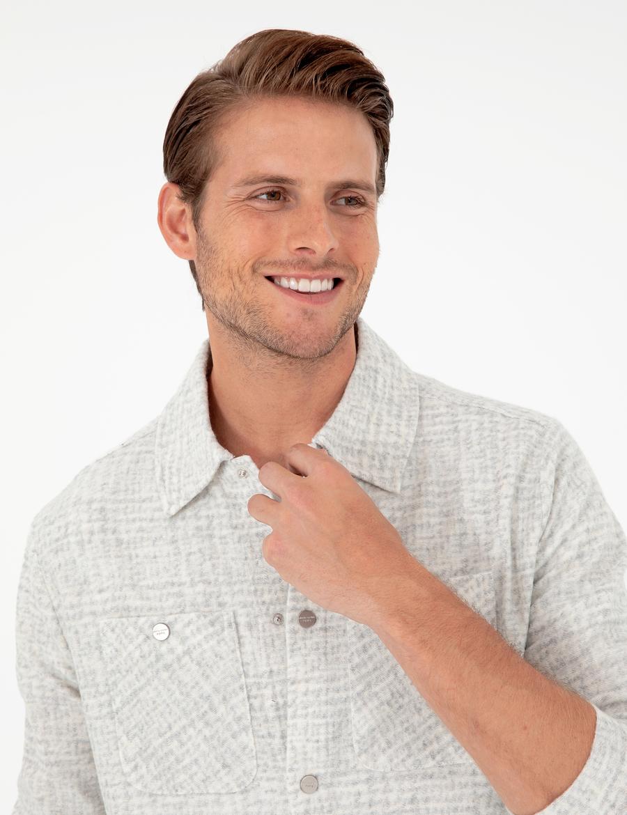 Açık Gri Klasik Yaka Çift Cepli Regular Fit Örme Gömlek Ceket