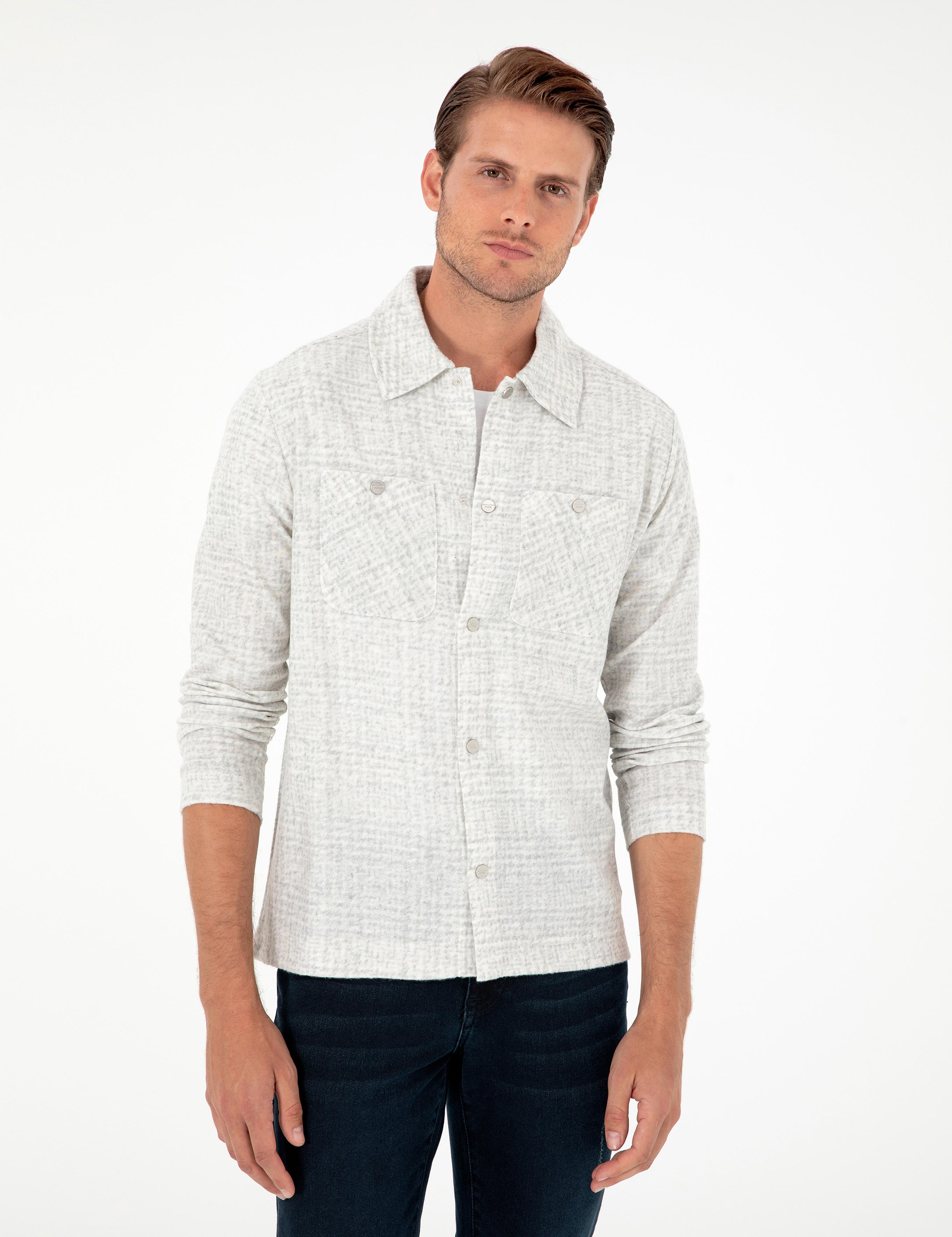 Açık Gri Klasik Yaka Çift Cepli Regular Fit Örme Gömlek Ceket