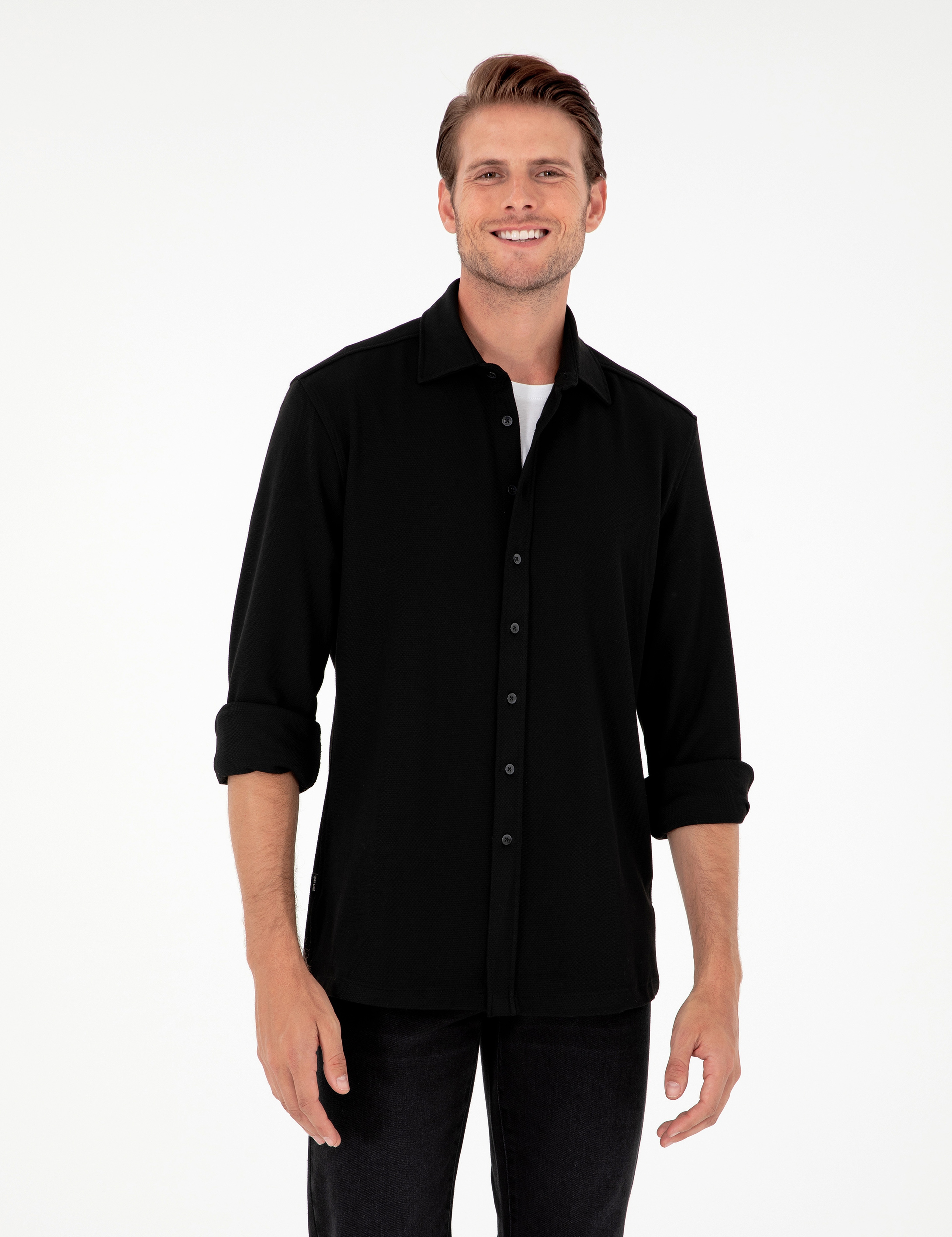 Siyah Regular Fit Uzun Kollu Gömlek - Image 1