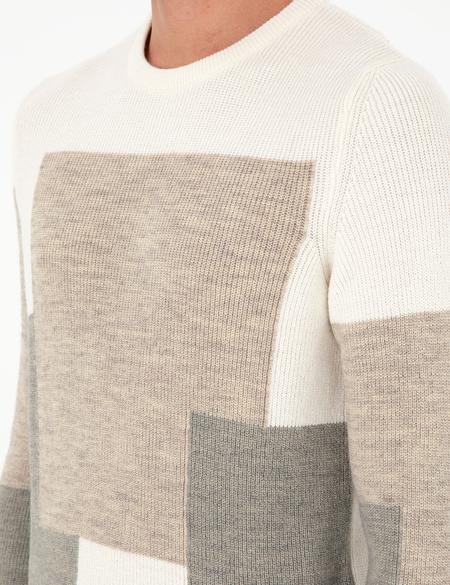 Ekru Slim Fit Bisiklet Yaka Triko Kazak - 50296454006