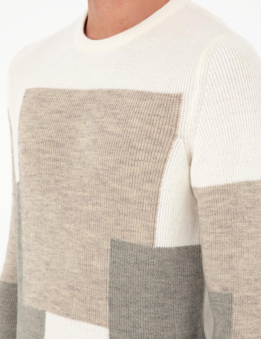 Ekru Slim Fit Bisiklet Yaka Triko Kazak