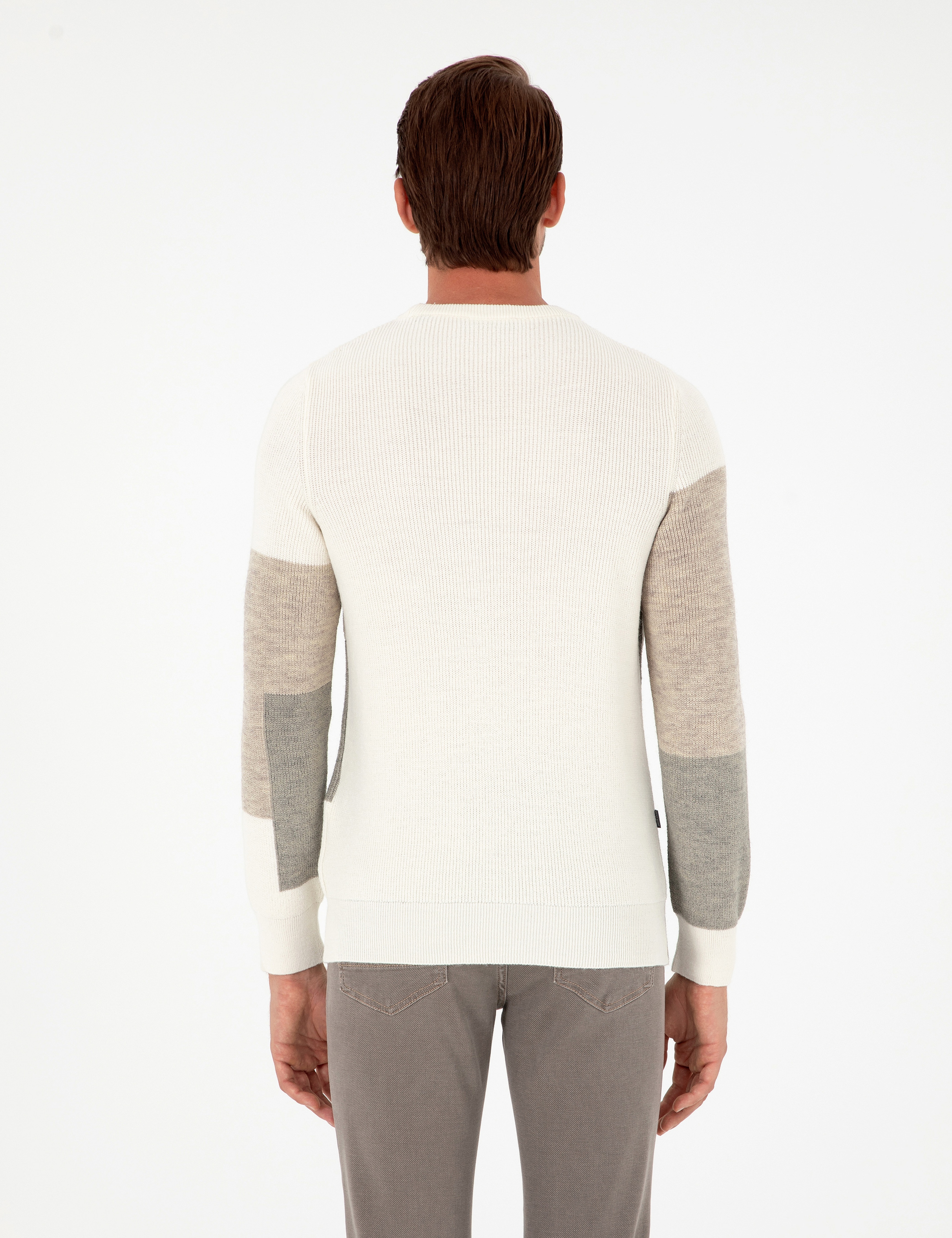 Ekru Slim Fit Bisiklet Yaka Triko Kazak - Image 5