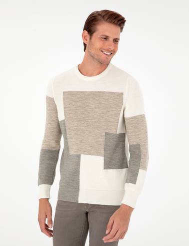 Ekru Slim Fit Bisiklet Yaka Triko Kazak