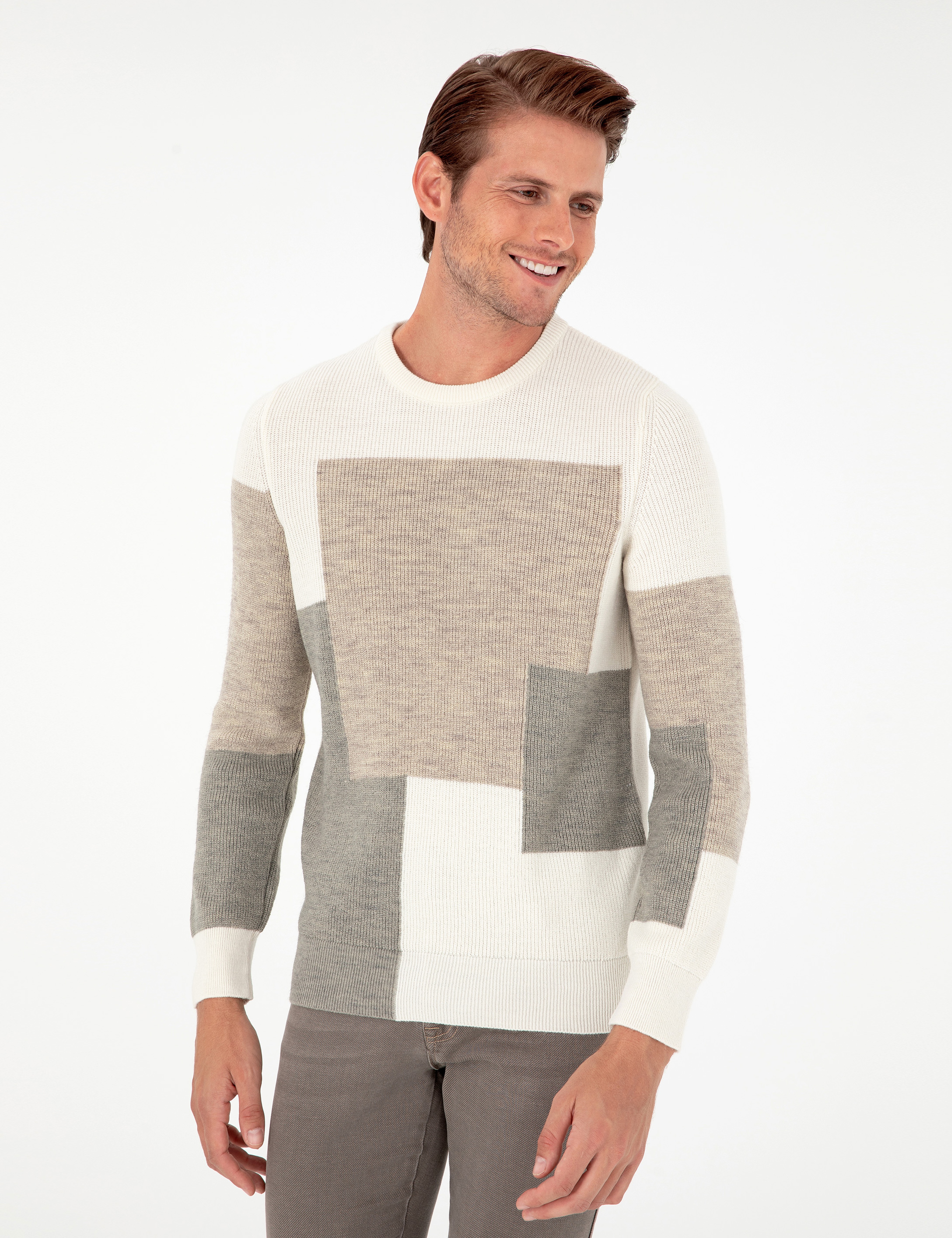 Ekru Slim Fit Bisiklet Yaka Triko Kazak - Image 3