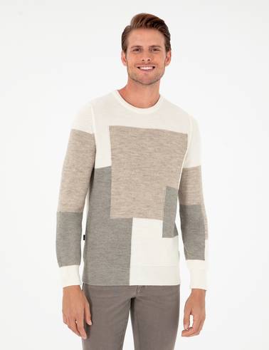 Ekru Slim Fit Bisiklet Yaka Triko Kazak