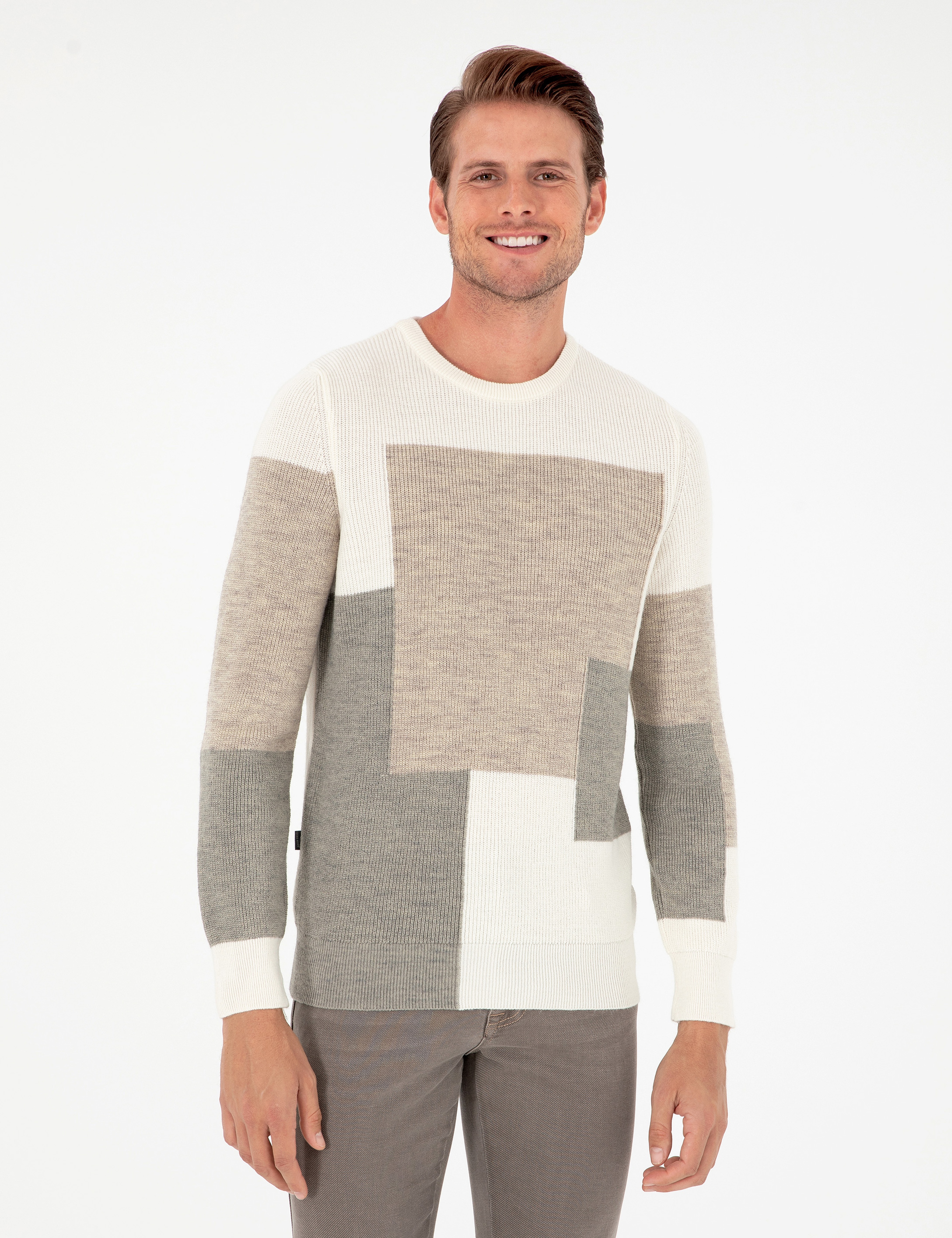 Ekru Slim Fit Bisiklet Yaka Triko Kazak - Image 1
