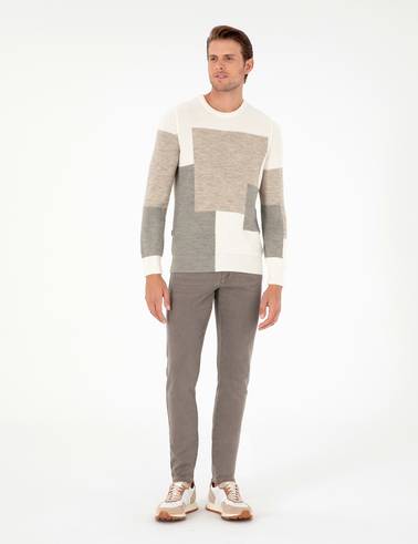 Ekru Slim Fit Bisiklet Yaka Triko Kazak
