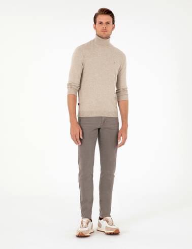 Kum Melanj Slim Fit Balıkçı Yaka Basic Triko Kazak