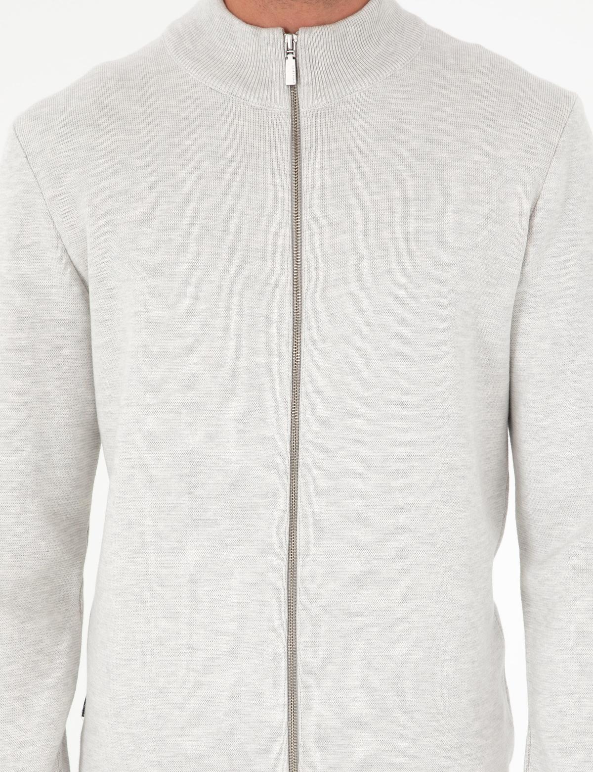 Açık Gri Melanj Regular Fit Fermuarlı Triko Hırka - 50296442028