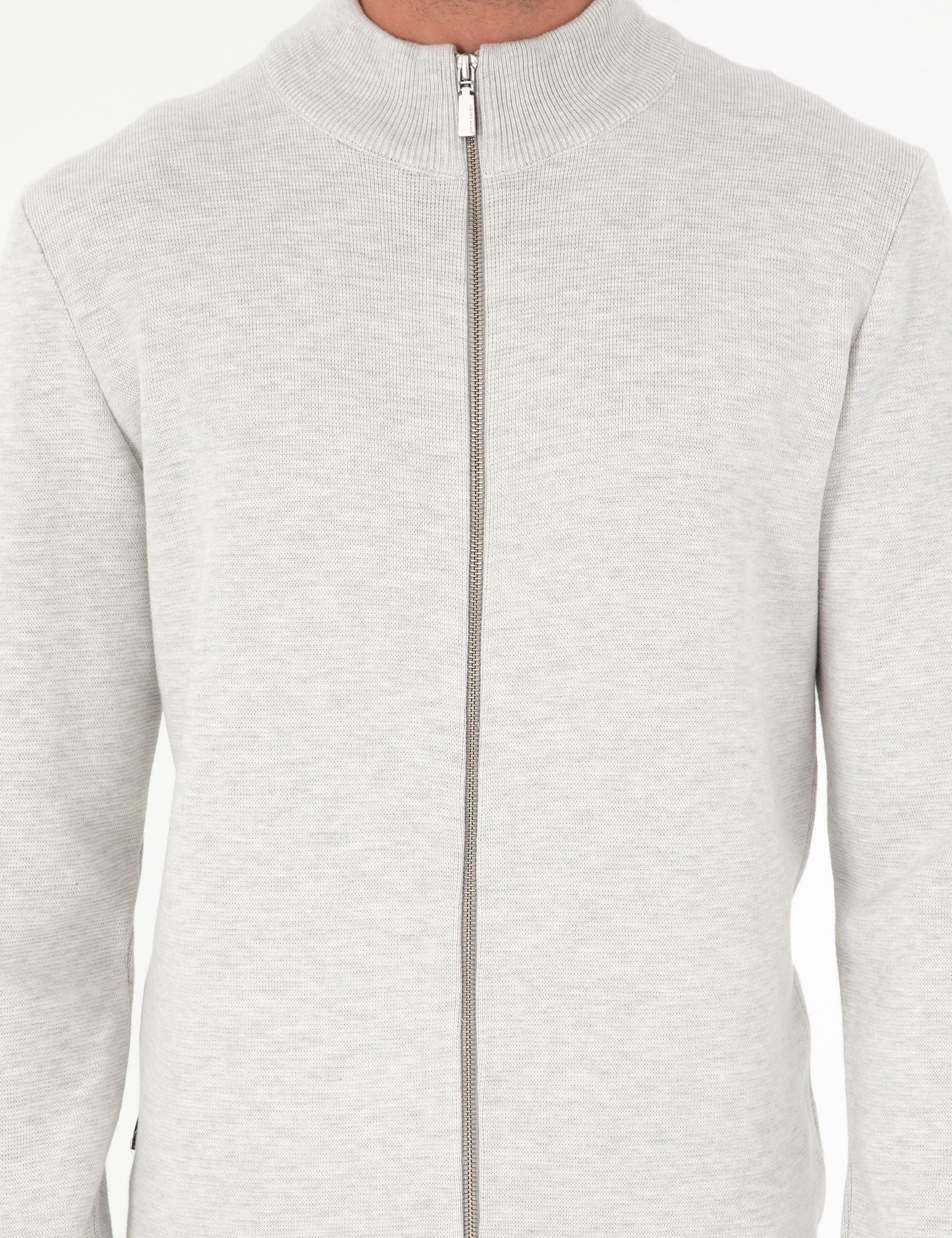 Açık Gri Melanj Regular Fit Fermuarlı Triko Hırka