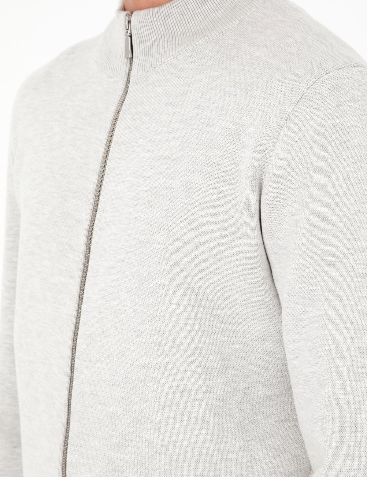 Açık Gri Melanj Regular Fit Fermuarlı Triko Hırka - 50296442028