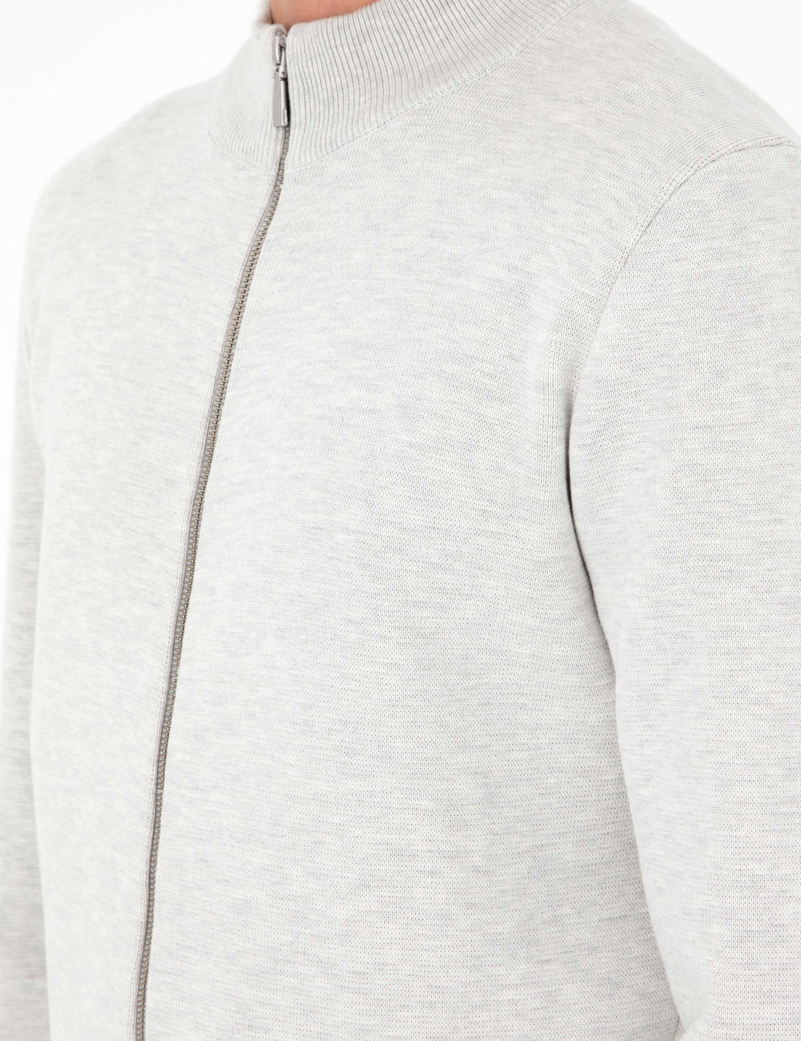 Açık Gri Melanj Regular Fit Fermuarlı Triko Hırka