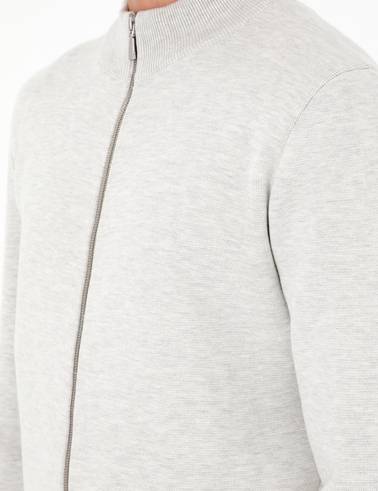 Açık Gri Melanj Regular Fit Fermuarlı Triko Hırka