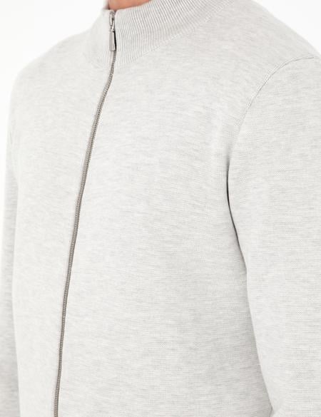 Açık Gri Melanj Regular Fit Fermuarlı Triko Hırka - 50296442028