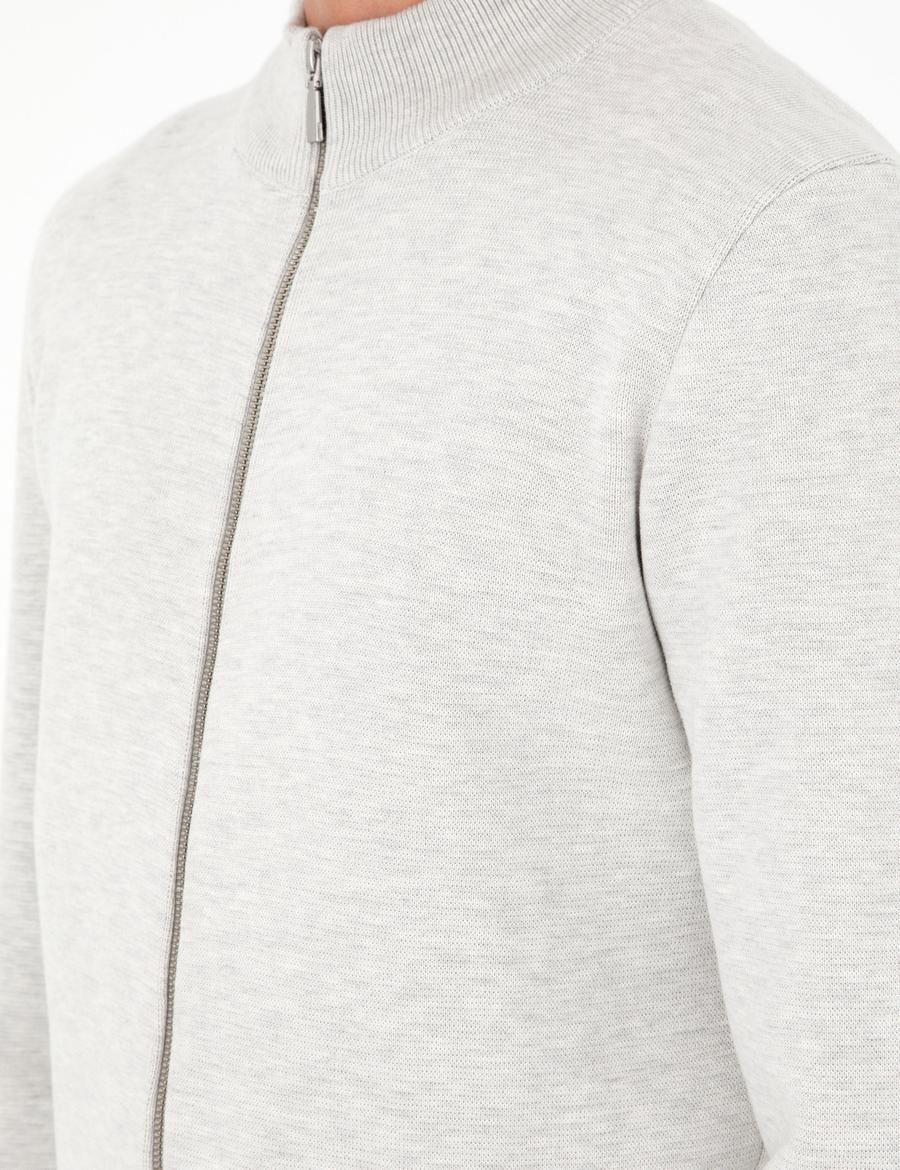 Açık Gri Melanj Regular Fit Fermuarlı Triko Hırka