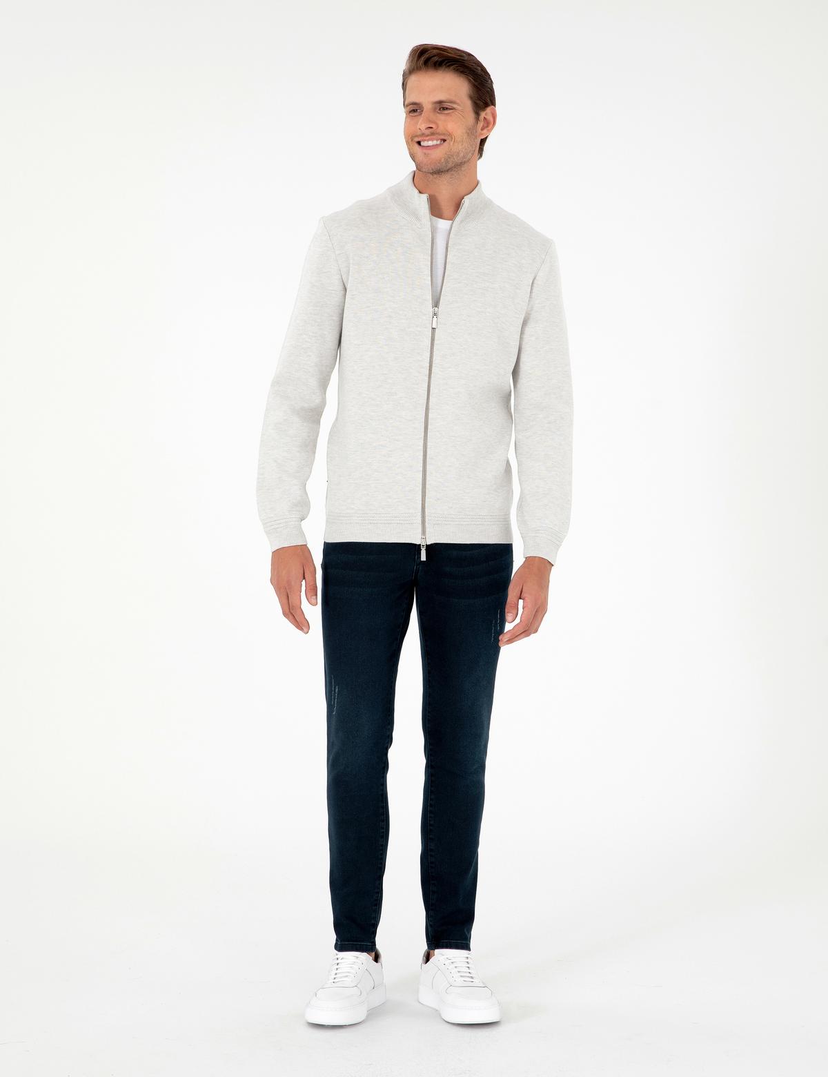 Açık Gri Melanj Regular Fit Fermuarlı Triko Hırka - 50296442028