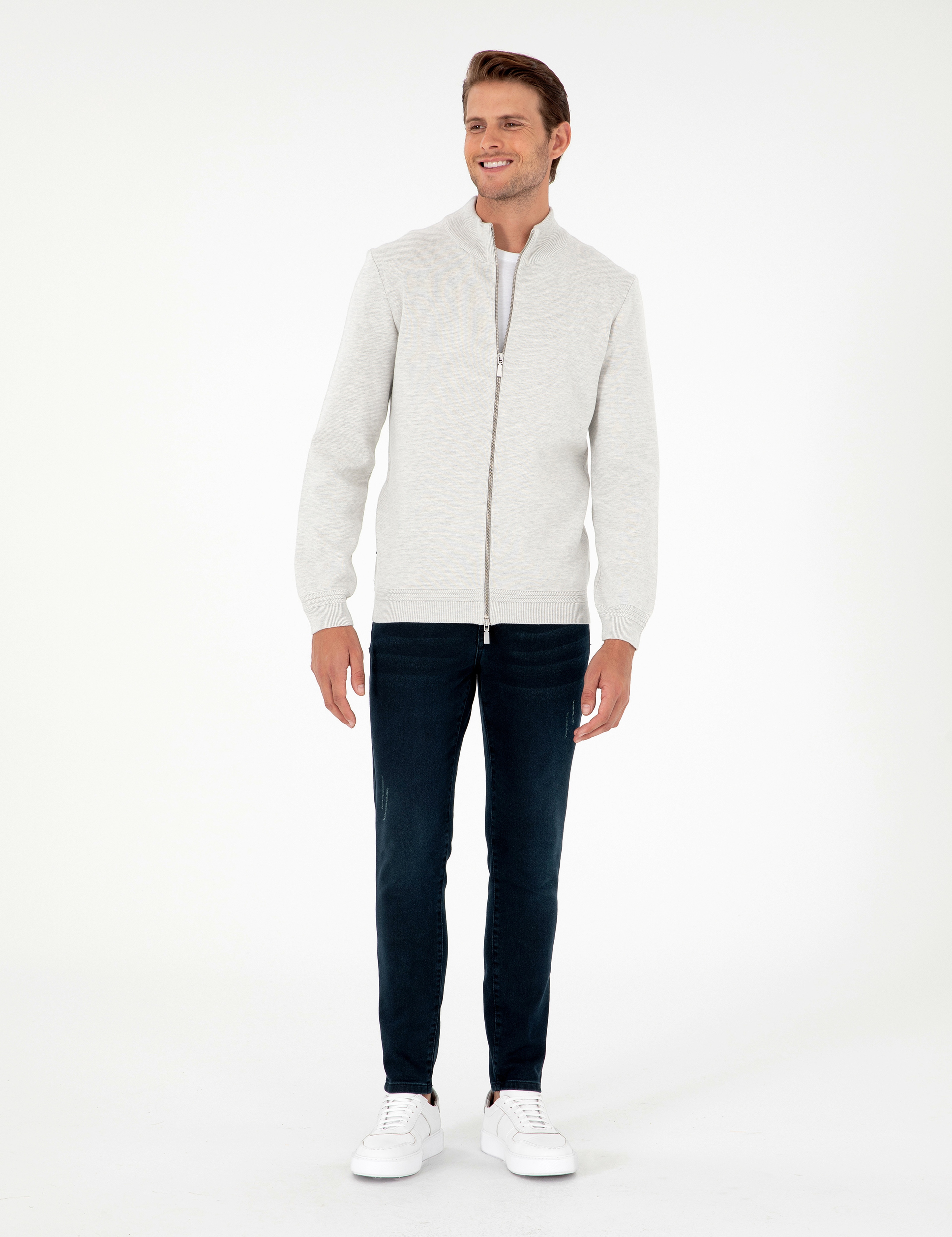 Açık Gri Melanj Regular Fit Fermuarlı Triko Hırka - Image 4