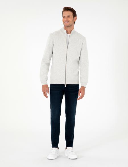 Açık Gri Melanj Regular Fit Fermuarlı Triko Hırka - 50296442028