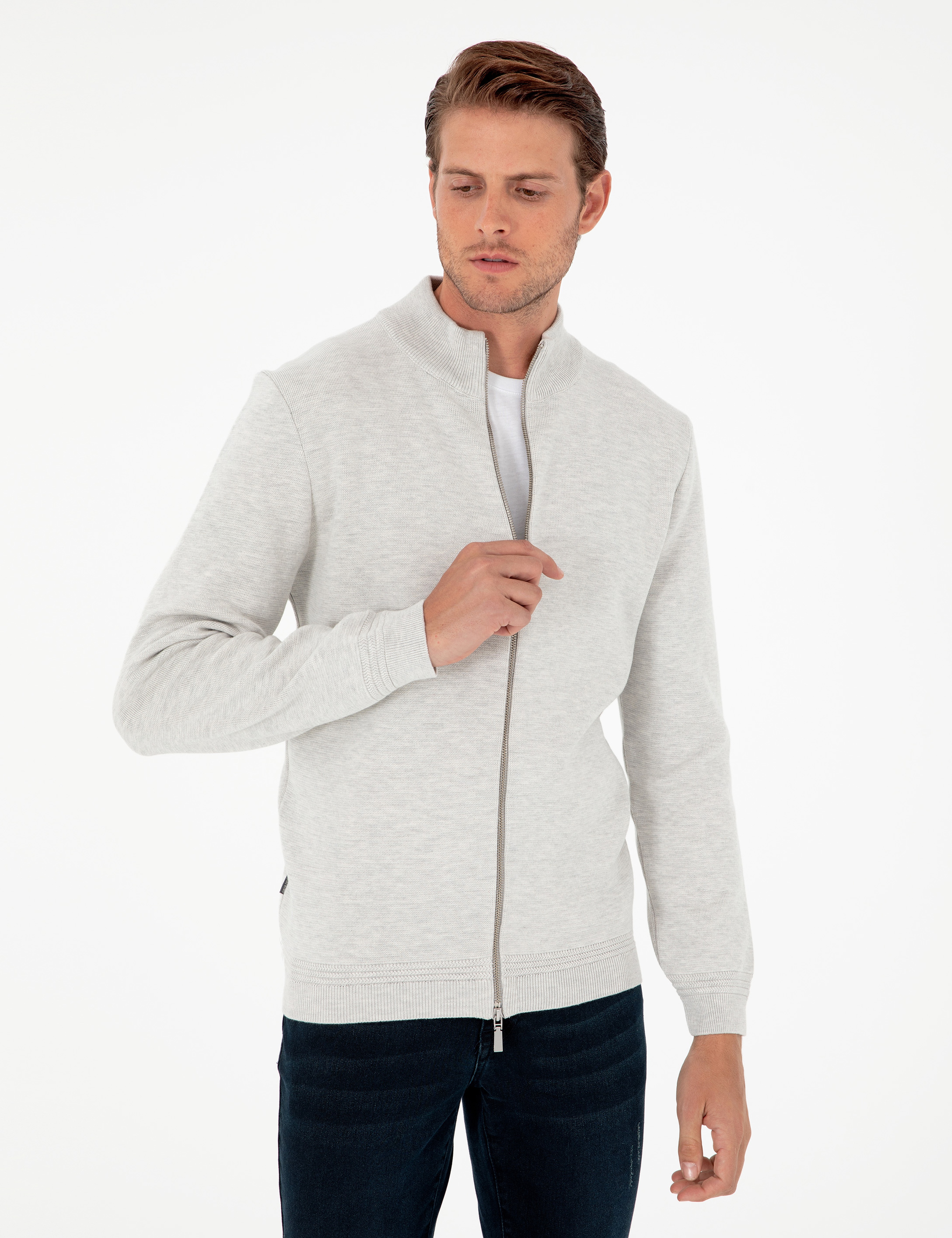 Açık Gri Melanj Regular Fit Fermuarlı Triko Hırka - Image 3