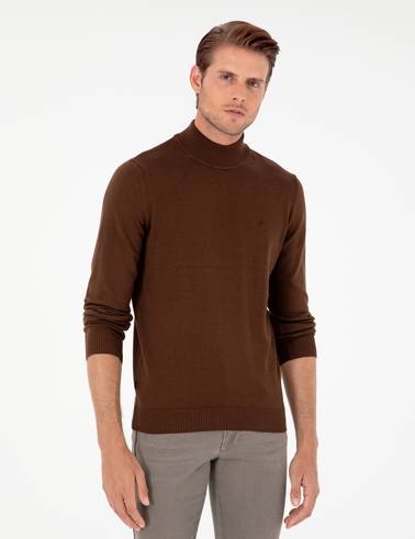 Koyu Kahverengi Slim Fit Yarım Balıkçı Yaka Basic Triko Kazak