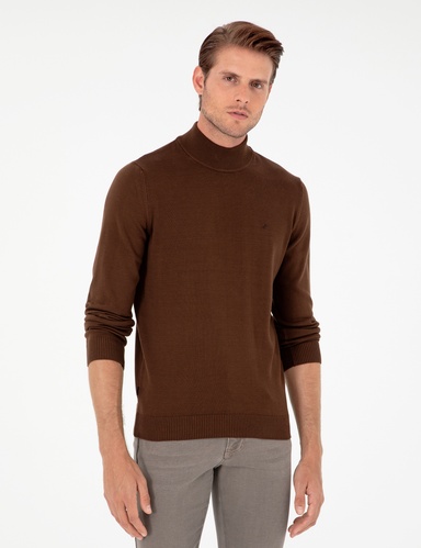 Koyu Kahverengi Slim Fit Yarım Balıkçı Yaka Basic Triko Kazak
