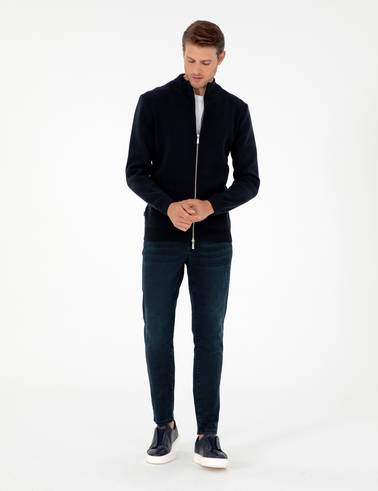 Lacivert Regular Fit Fermuarlı Triko Hırka