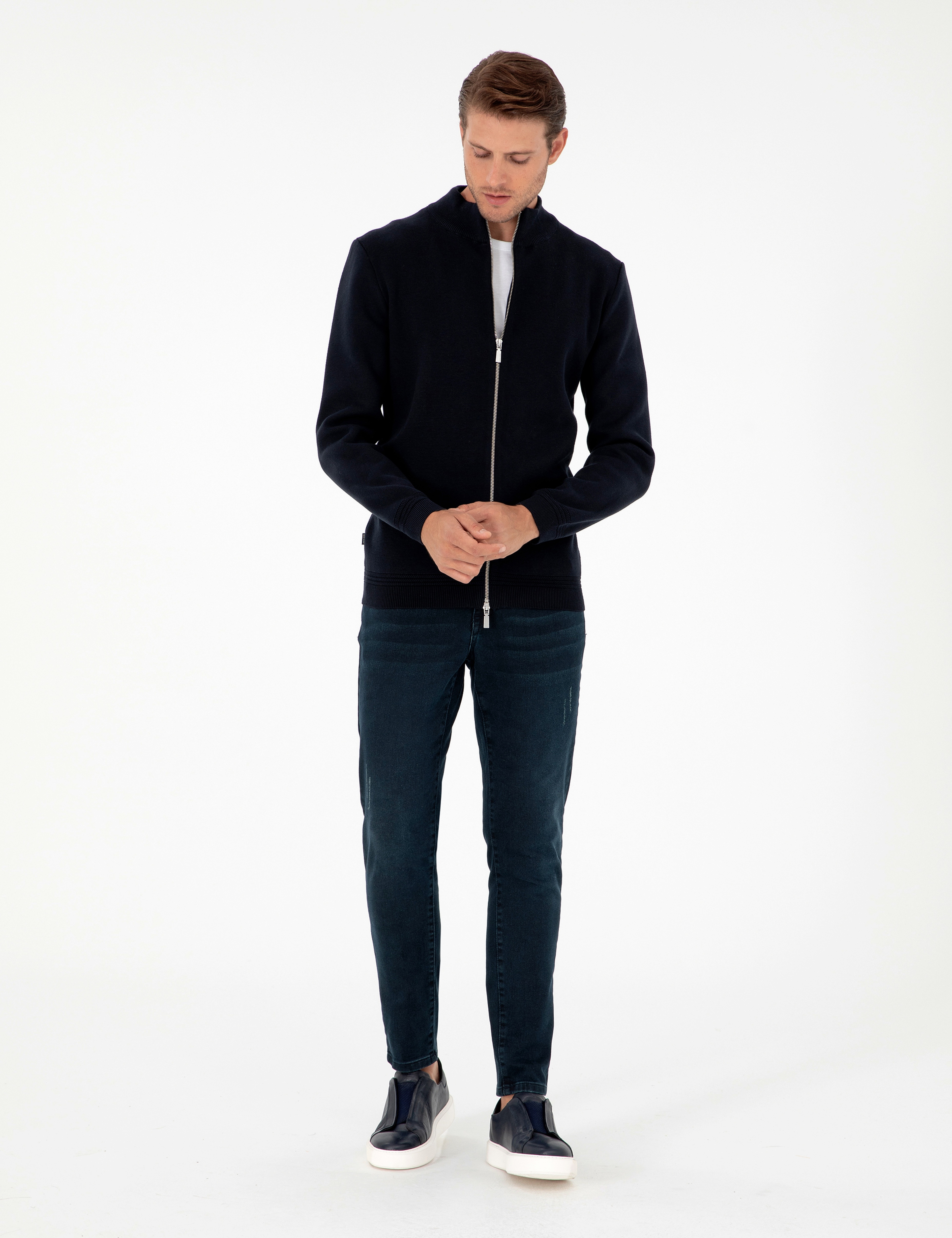 Lacivert Regular Fit Fermuarlı Triko Hırka - Image 4
