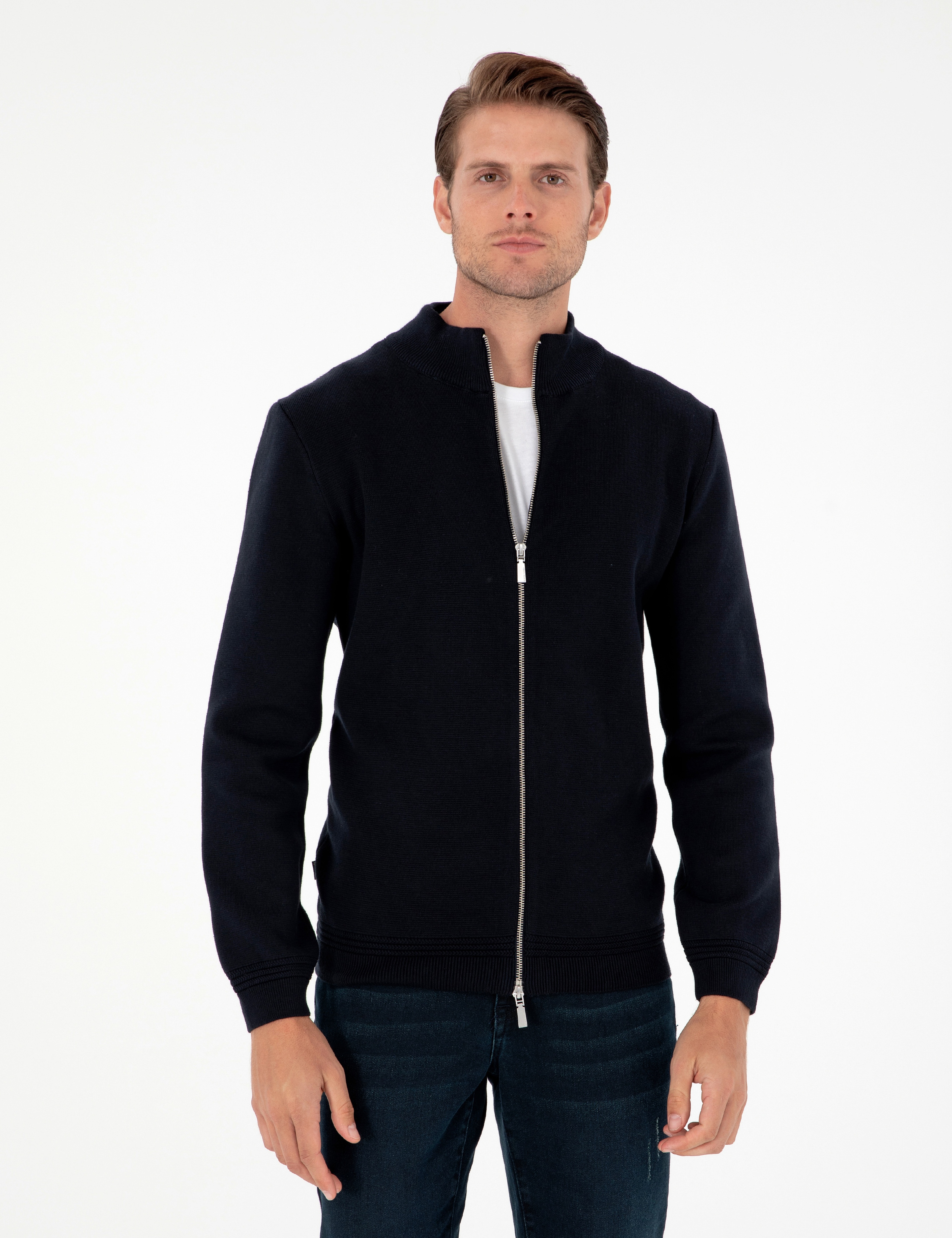 Lacivert Regular Fit Fermuarlı Triko Hırka - Image 1
