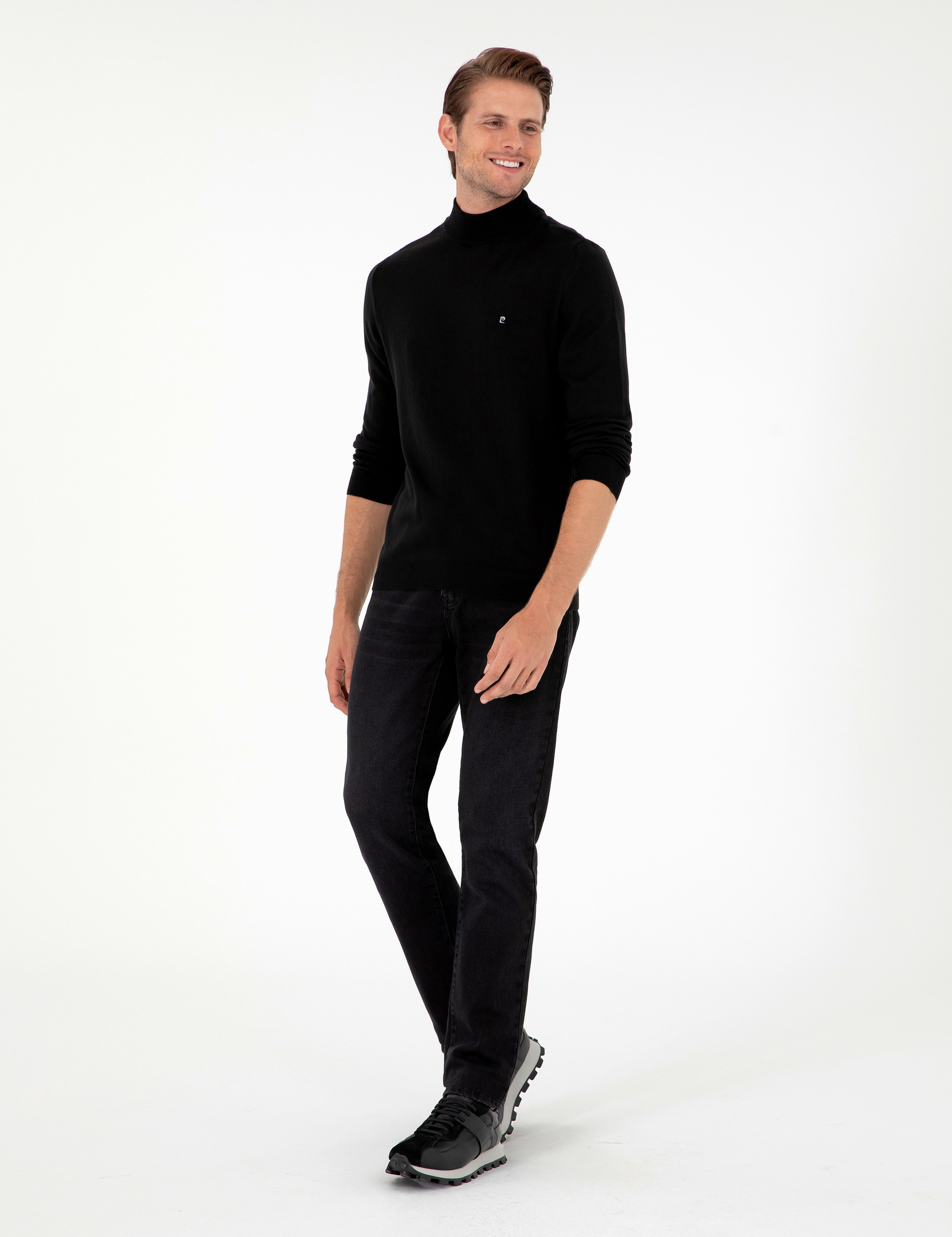 Siyah Slim Fit Yarım Balıkçı Yaka Basic Triko Kazak - Image 4