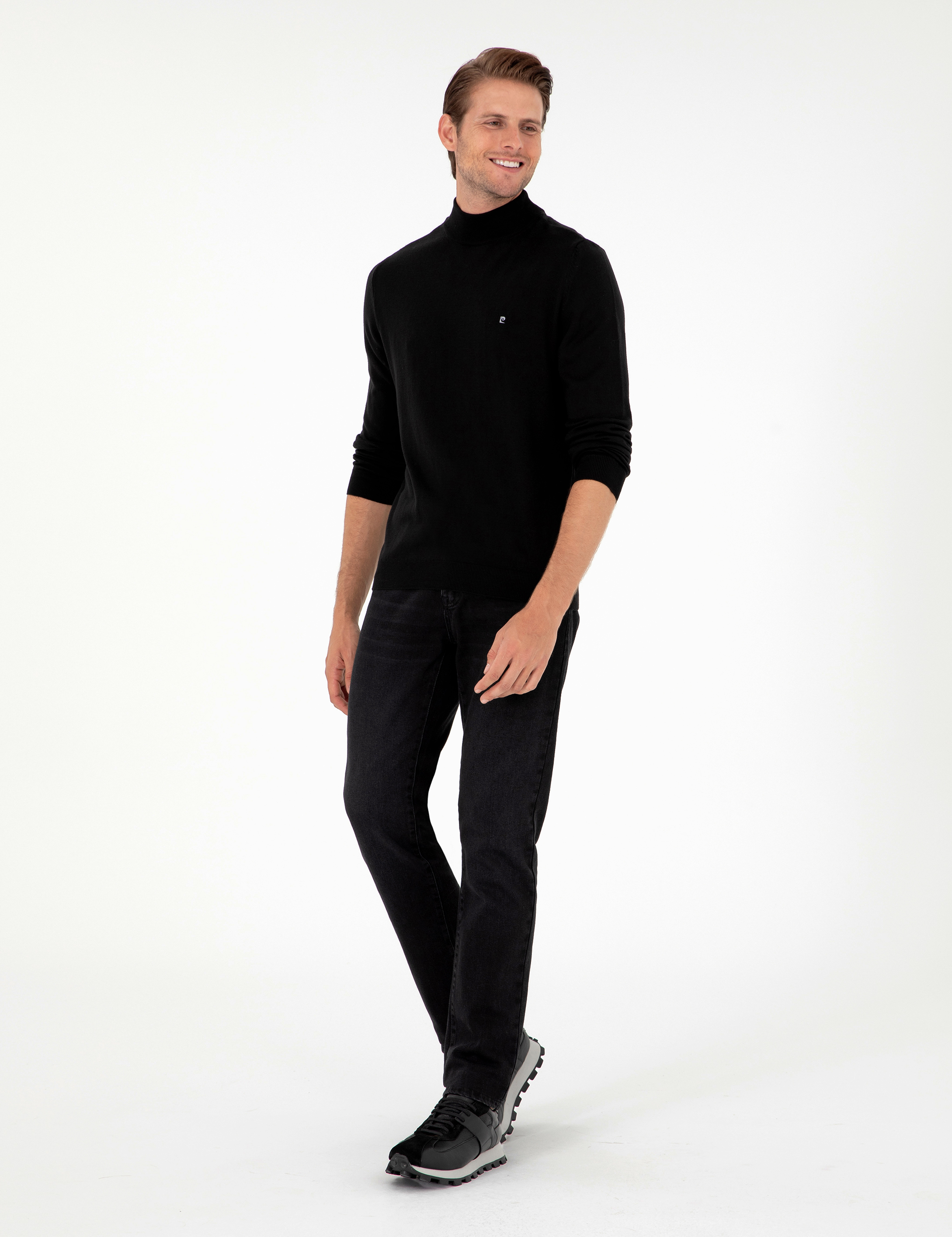 Siyah Slim Fit Yarım Balıkçı Yaka Basic Triko Kazak