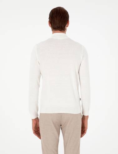 Ekru Slim Fit Yarım Balıkçı Yaka Basic Triko Kazak