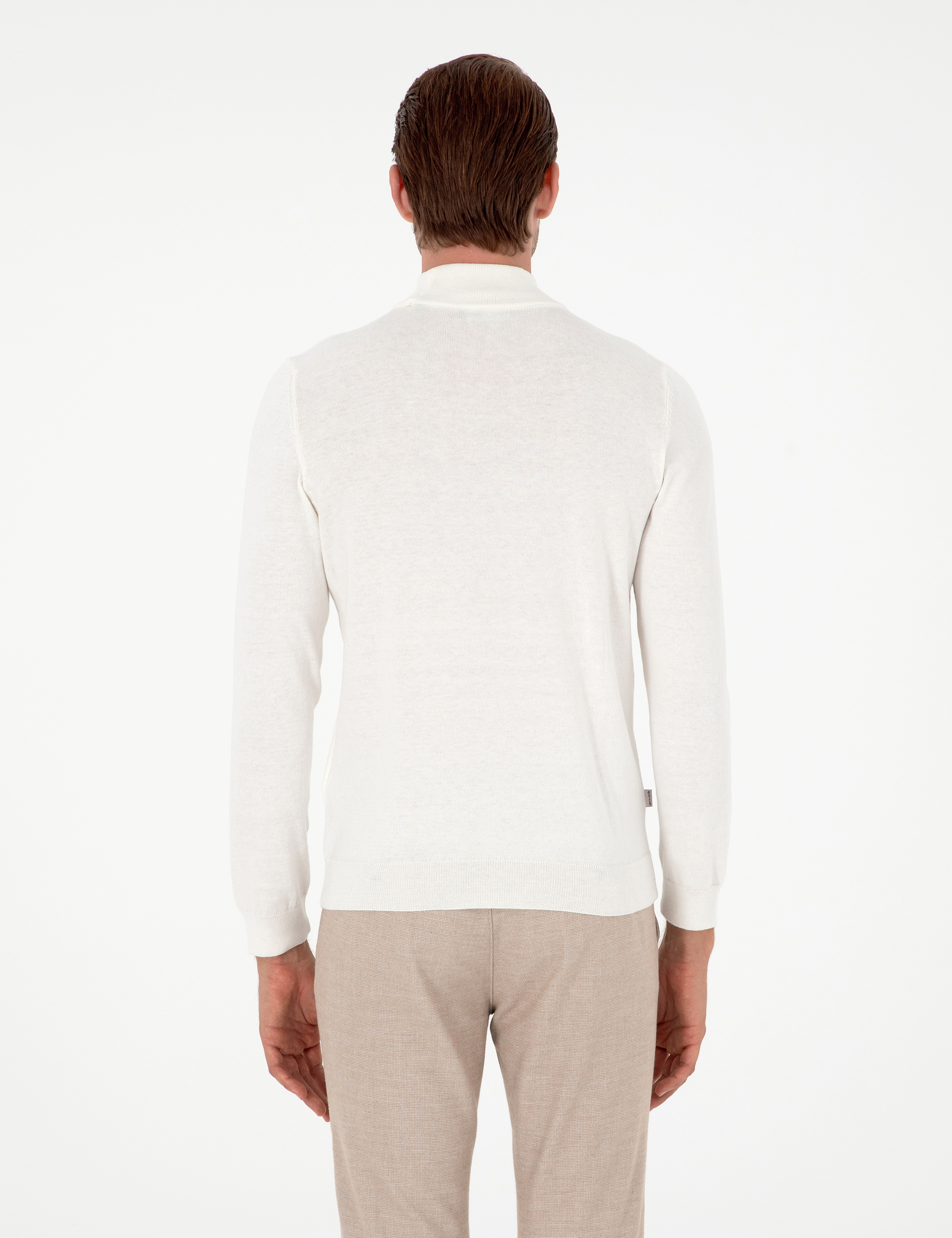 Ekru Slim Fit Yarım Balıkçı Yaka Basic Triko Kazak