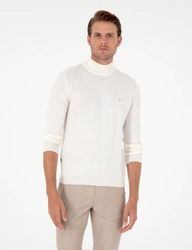 Ekru Slim Fit Yarım Balıkçı Yaka Basic Triko Kazak