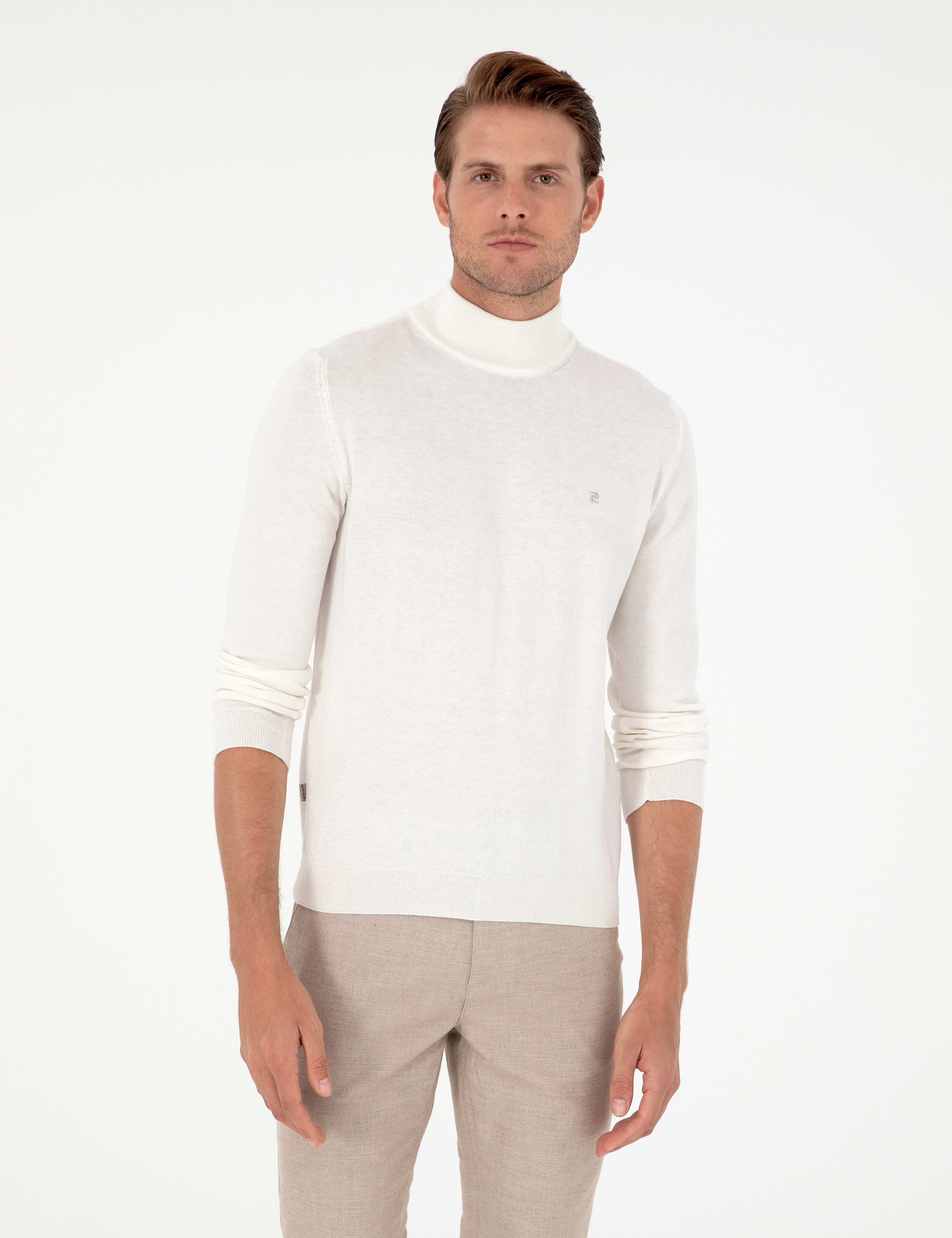 Ekru Slim Fit Yarım Balıkçı Yaka Basic Triko Kazak