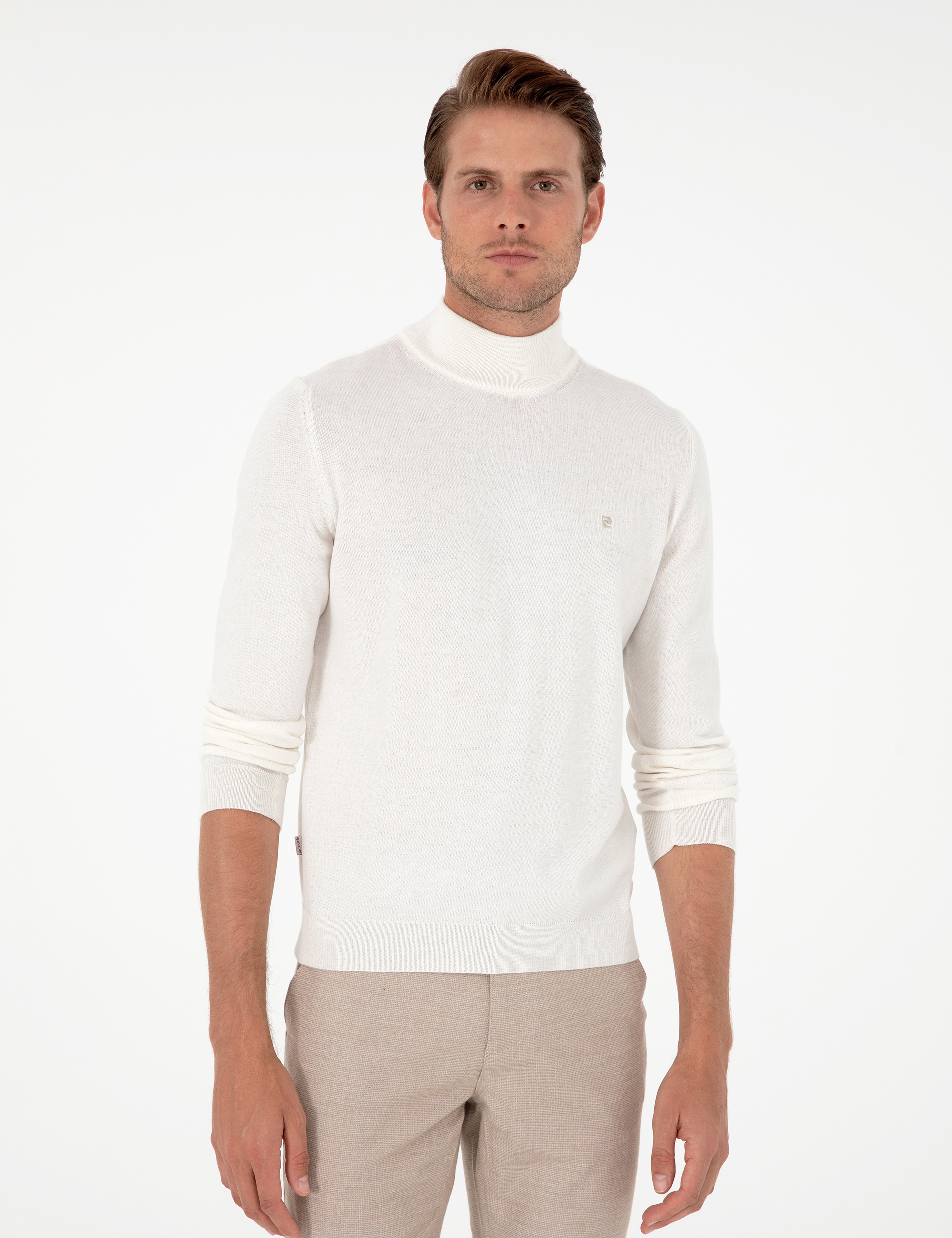 Ekru Slim Fit Yarım Balıkçı Yaka Basic Triko Kazak - Image 3