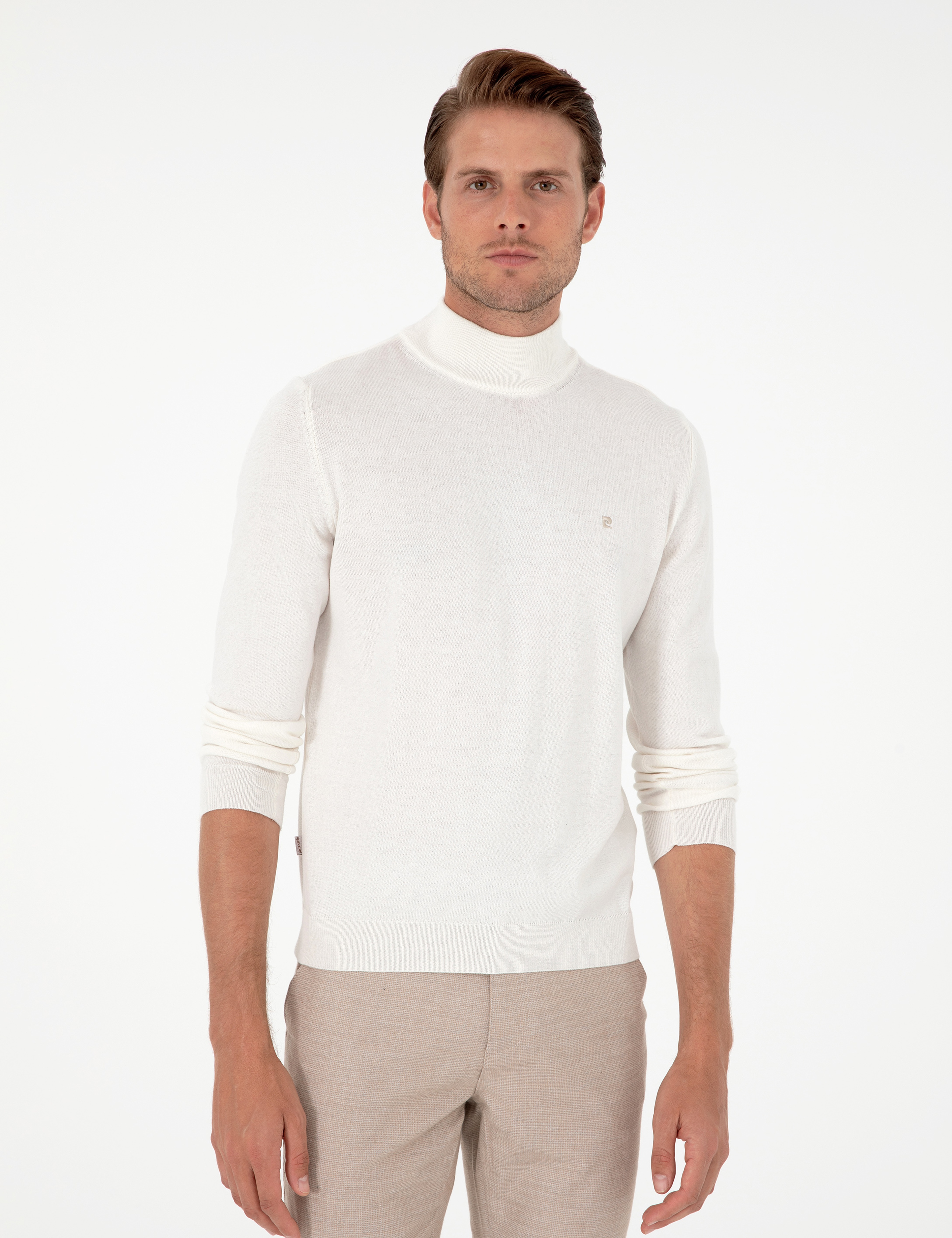 Ekru Slim Fit Yarım Balıkçı Yaka Basic Triko Kazak