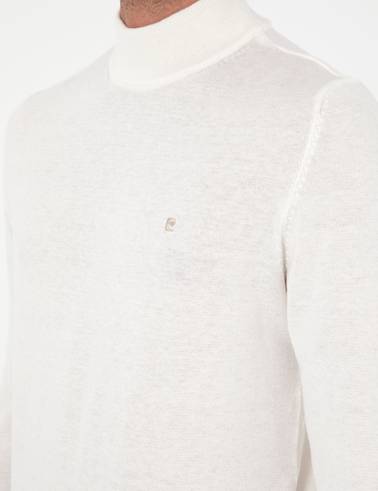 Ekru Slim Fit Yarım Balıkçı Yaka Basic Triko Kazak