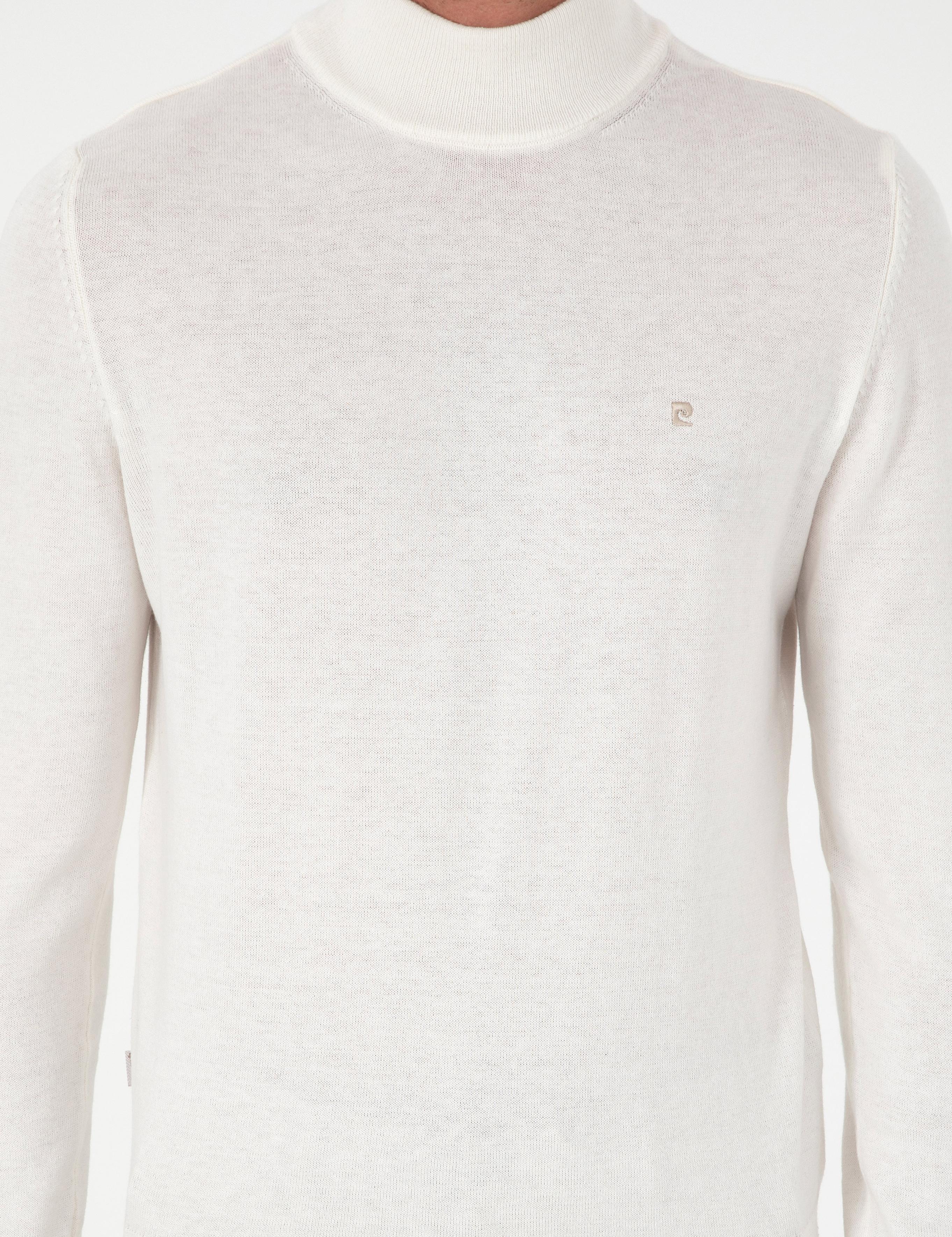 Ekru Slim Fit Yarım Balıkçı Yaka Basic Triko Kazak