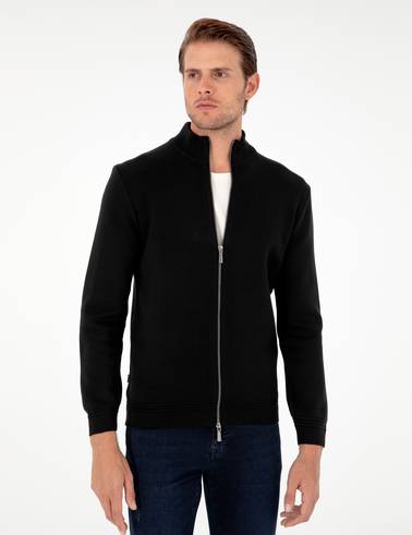 Siyah Regular Fit Fermuarlı Triko Hırka